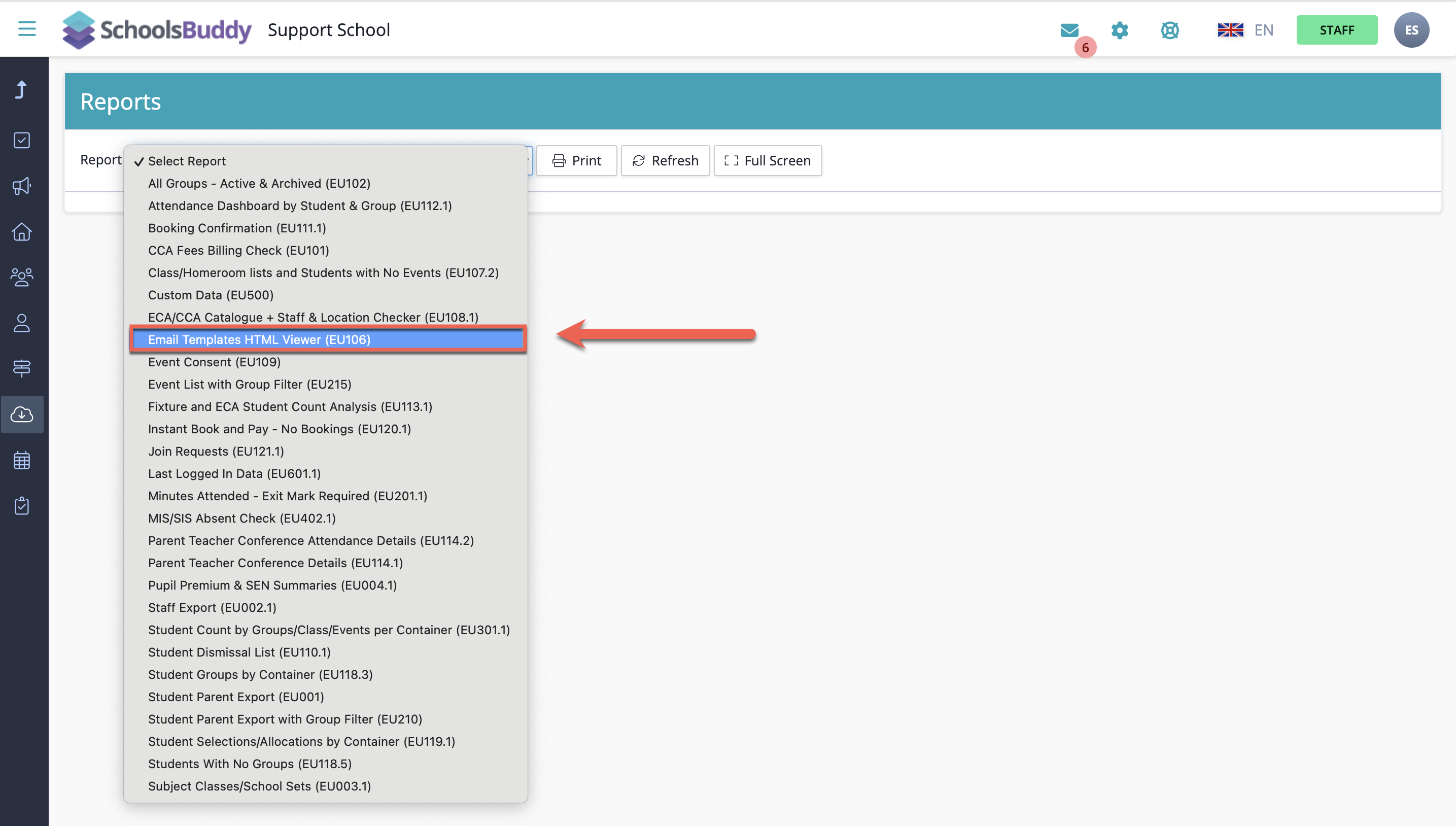 Captura de pantalla: Hay algunos correos electrónicos con plantillas en SchoolsBuddy que se envían como parte de algunos de los procesos.