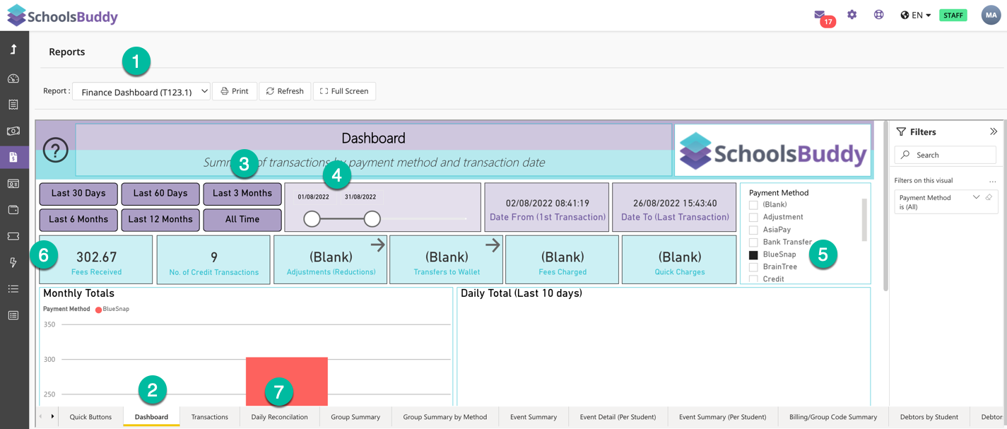 Captura de pantalla: El total de tarifas recibidas es una forma rápida de comparar el total de sus informes de SchoolsBuddy y Bluesnap.