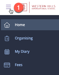 Captura de pantalla: Para acceder al menú desde el panel de control, haga clic en las tres líneas en la parte superior izquierda de la pantalla (1) o haga clic