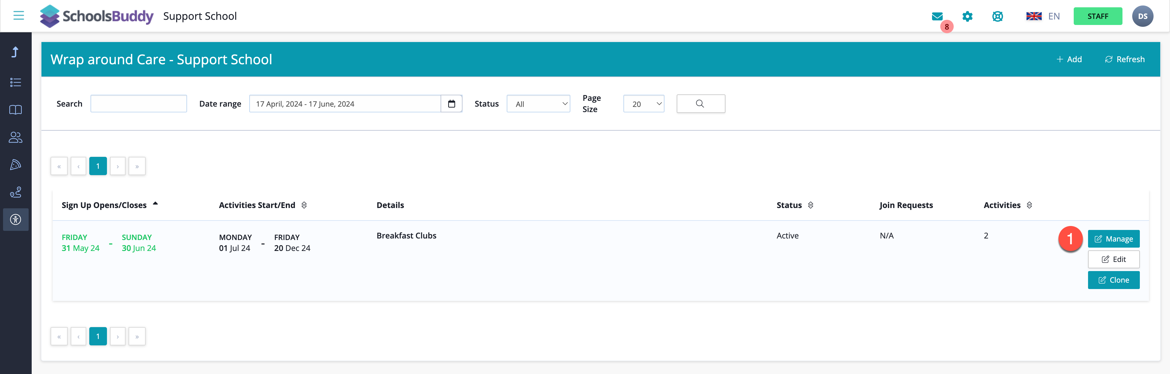 Captura de pantalla: Haga clic en Actividades y clubes (esto puede estar etiquetado de manera diferente según las preferencias de su escuela) y encontrará