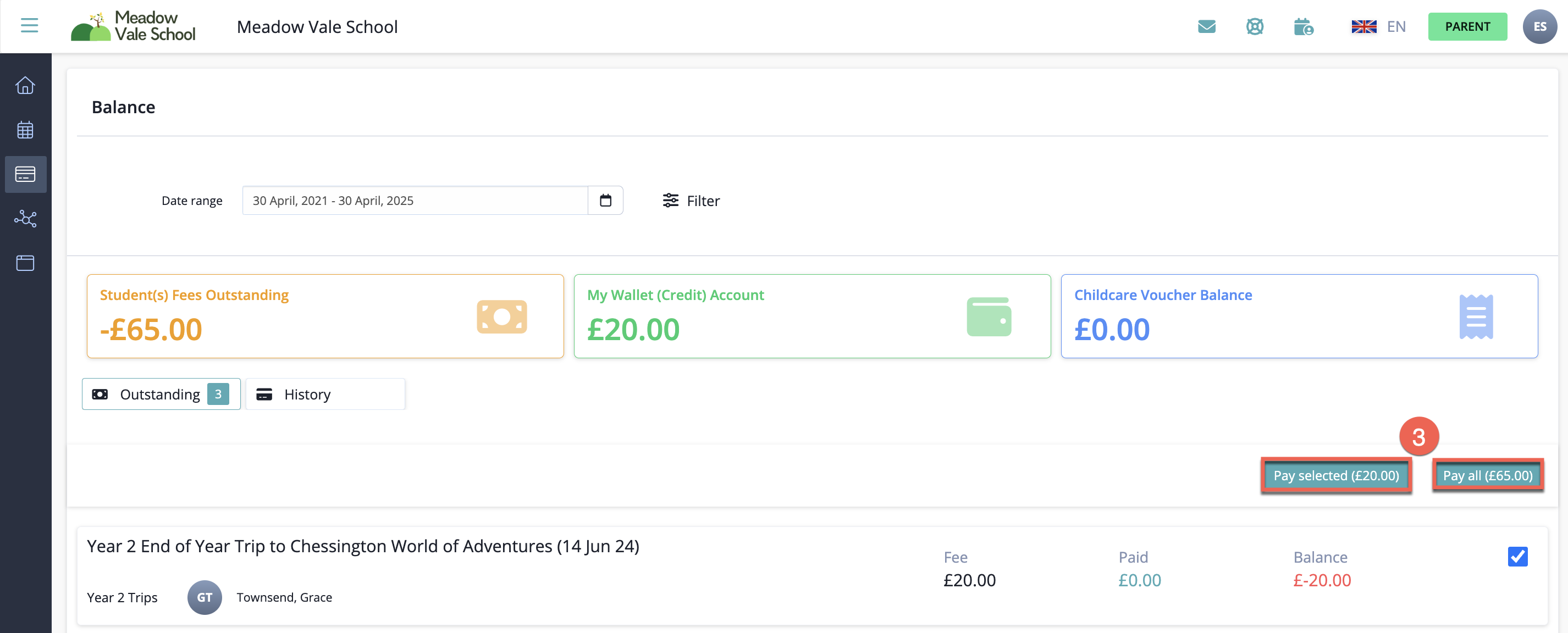 Captura de pantalla: A continuación se describen las dos formas en que puede pagar a través de SchoolsBuddy, ya sea en el momento de reservar eventos.
