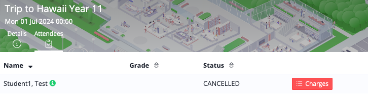 Captura de pantalla: El estudiante ha sido excluido del evento y de cualquier evento vinculado en el futuro (si se trataba de una reserva en bloque).