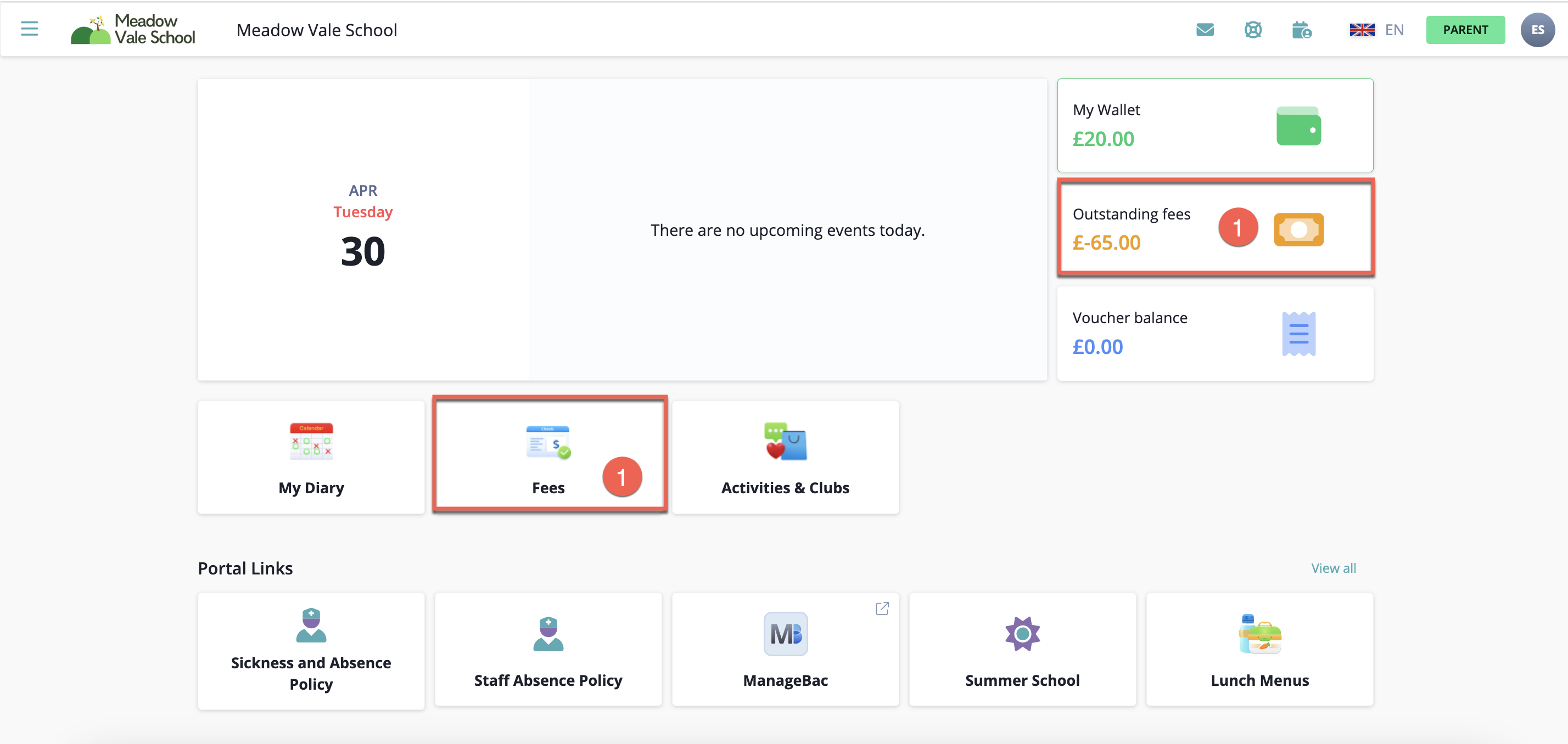 Captura de pantalla: A continuación se describen las dos formas en que puede pagar a través de SchoolsBuddy, ya sea en el momento de reservar eventos.