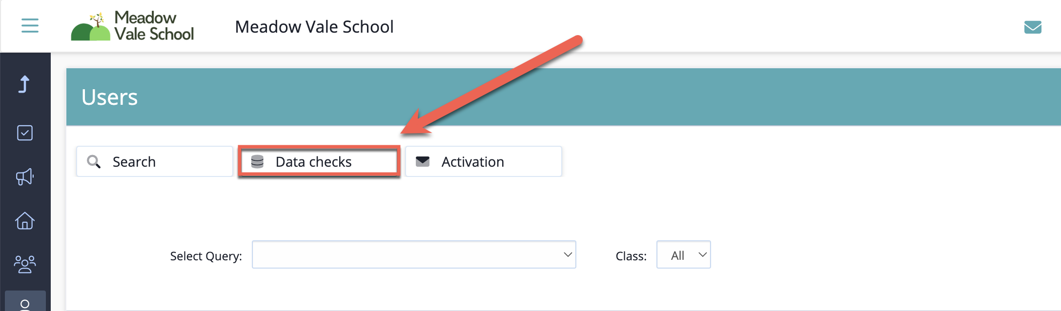 Captura de pantalla: En la pestaña "Usuarios" de SchoolsBuddy, hay una opción para buscar usuarios mediante una verificación de datos o una búsqueda predefinida.