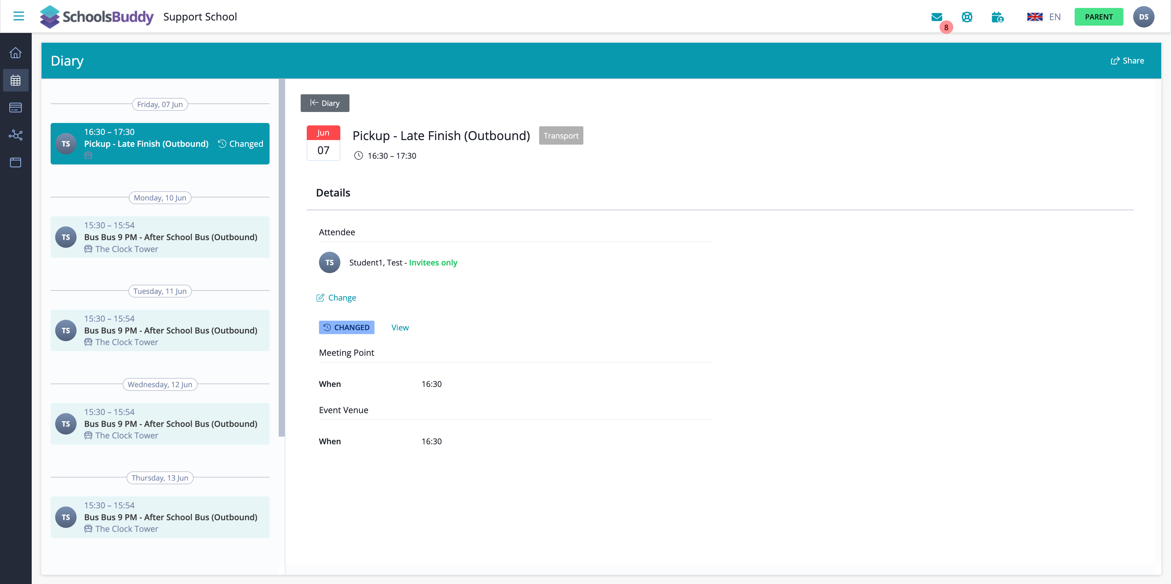 Captura de pantalla: Si se aprueba la solicitud, verá un nuevo evento en el calendario con el nuevo método de transporte y/o hora.