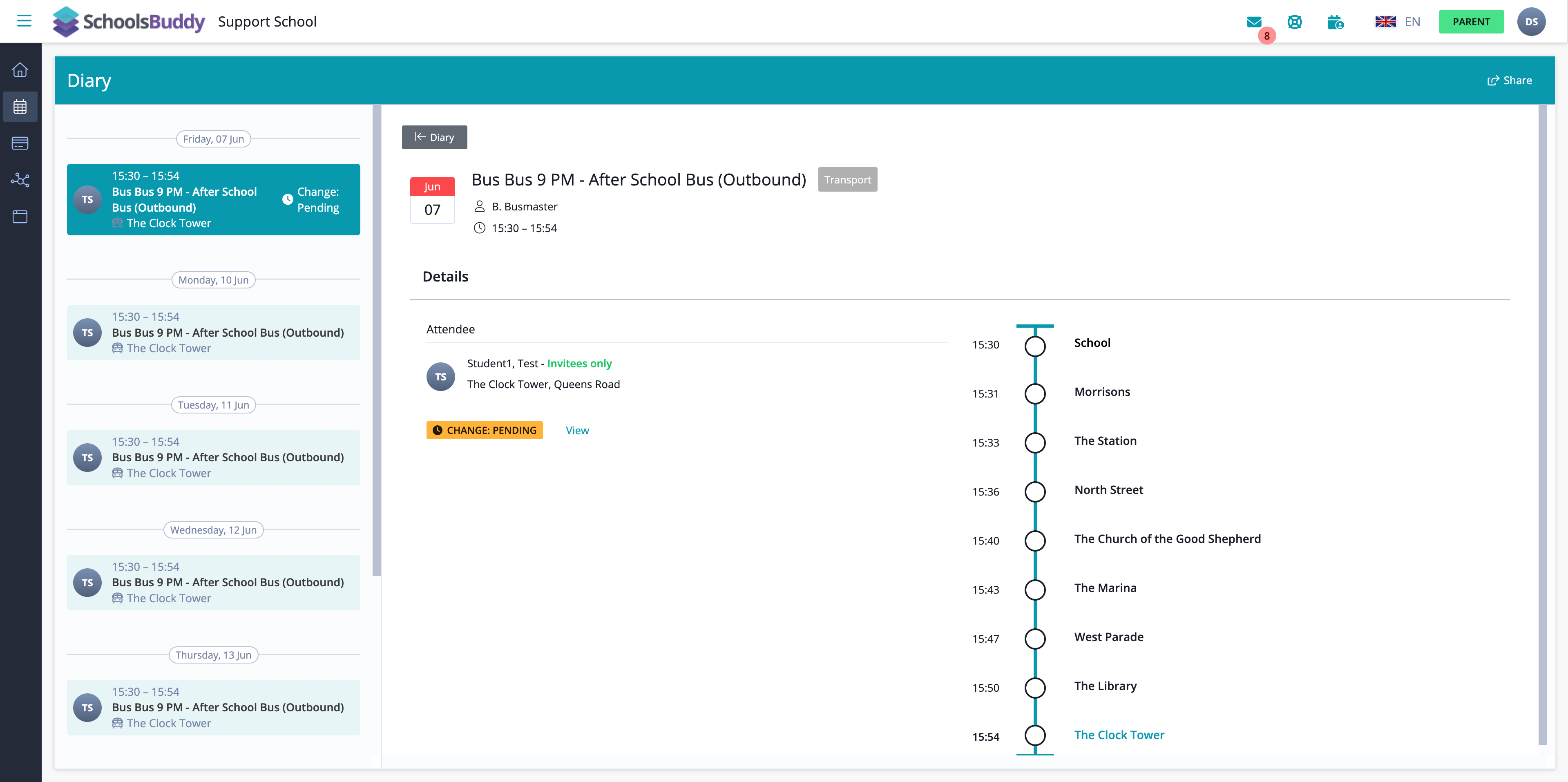 Captura de pantalla: Deberá esperar a que la escuela apruebe su solicitud.