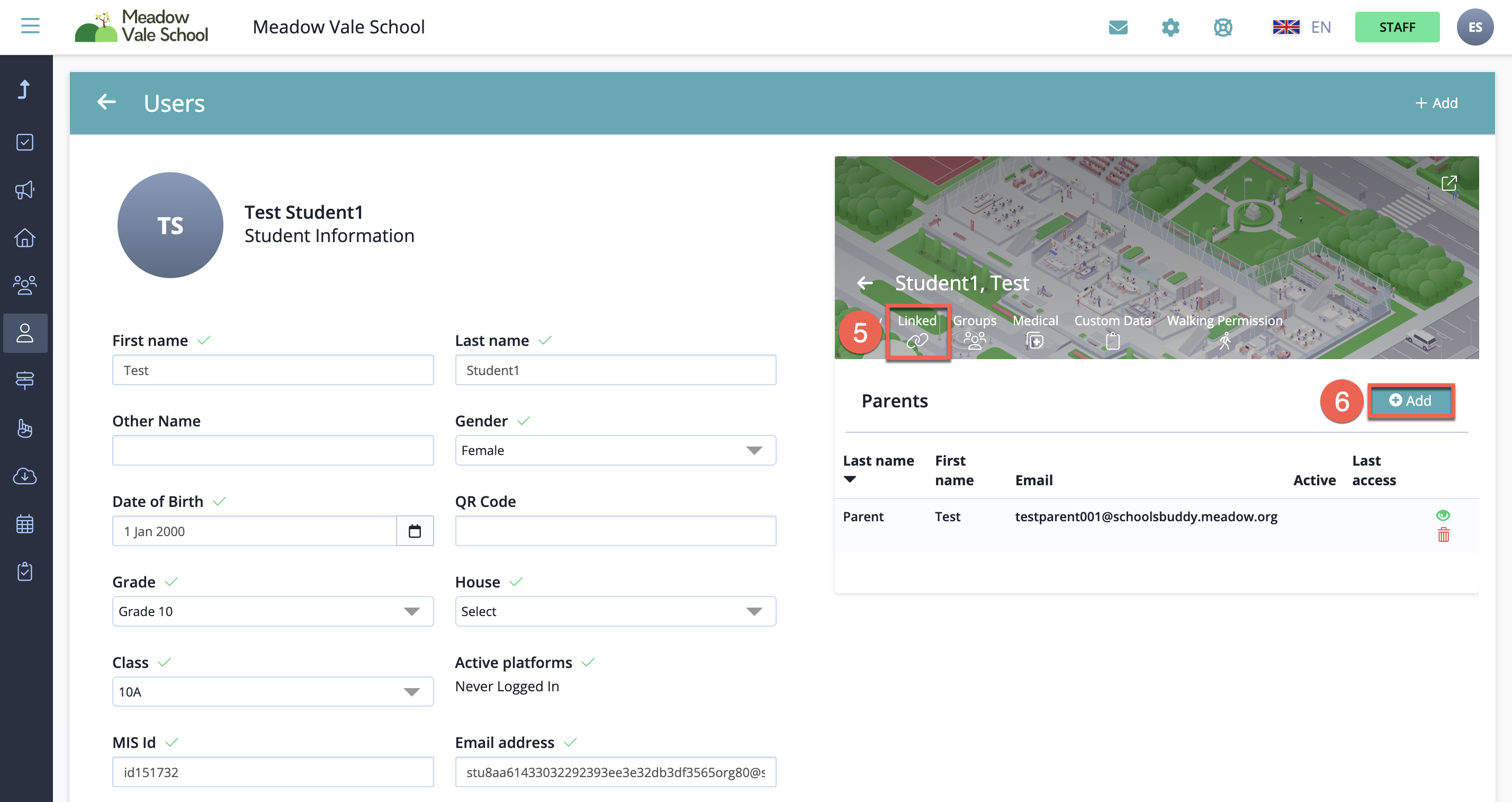 Captura de pantalla: Haz clic en Agregar para añadir un padre/tutor.