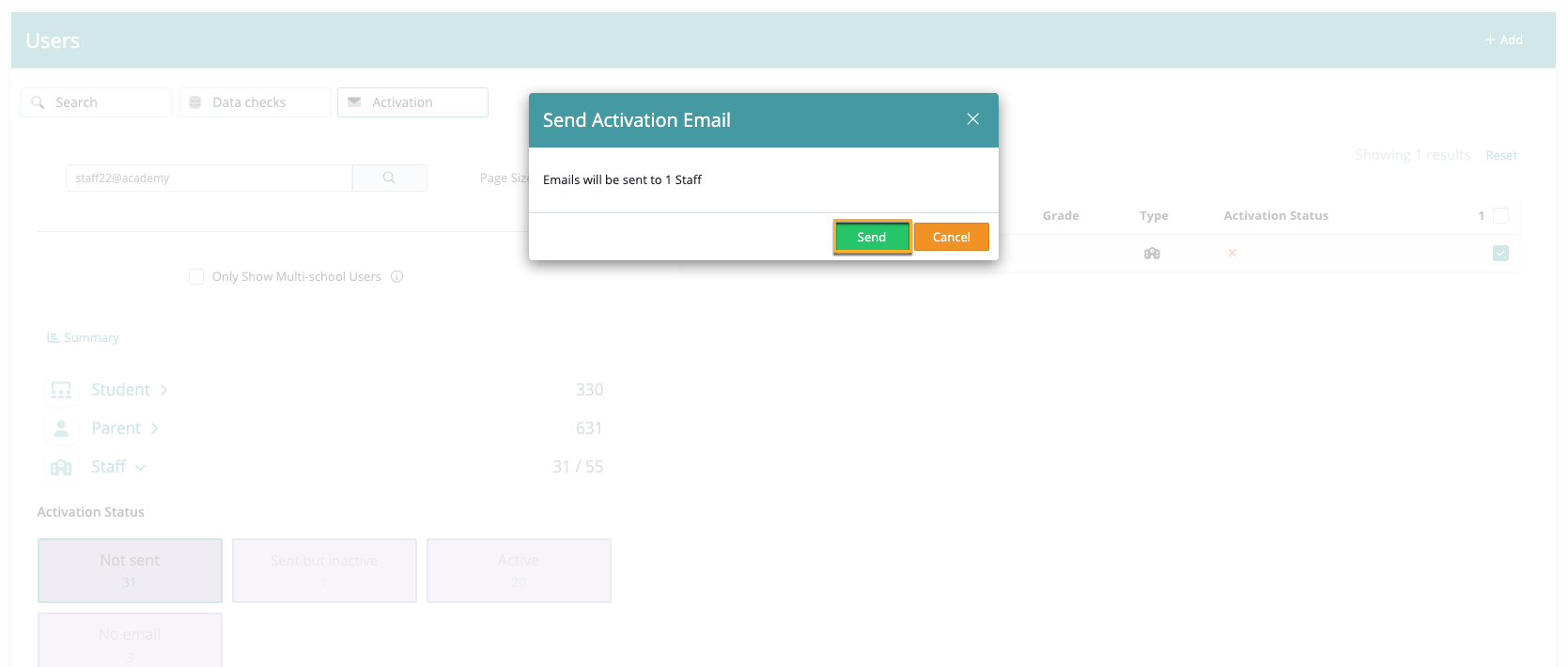 Captura de pantalla: Enviar correo electrónico de activación 22