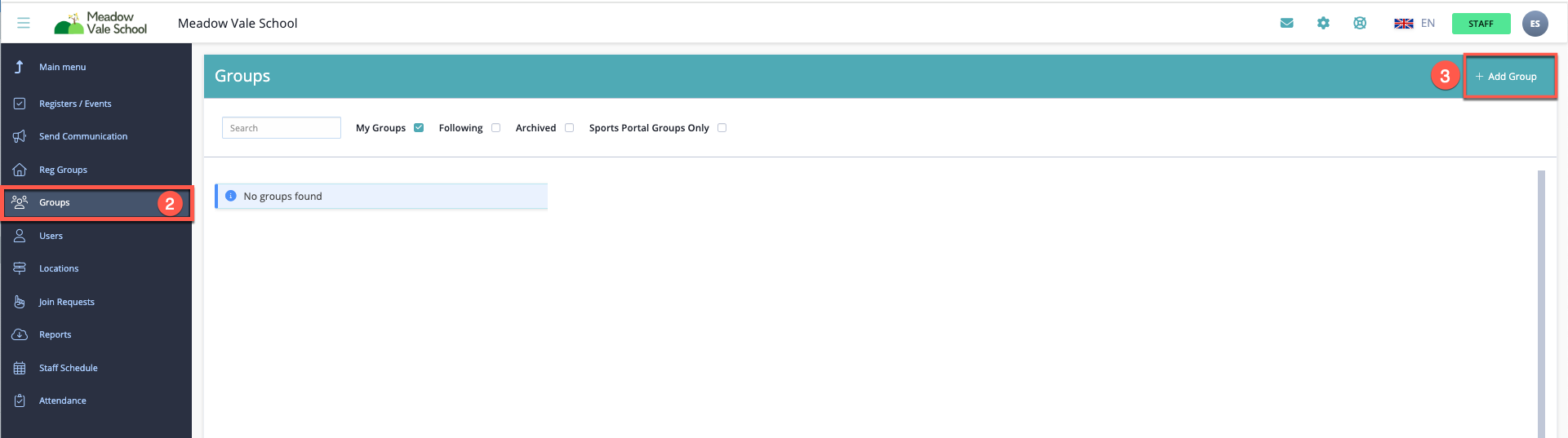 Captura de pantalla: Para crear un nuevo grupo, haga clic en la pestaña '+Agregar grupo'.