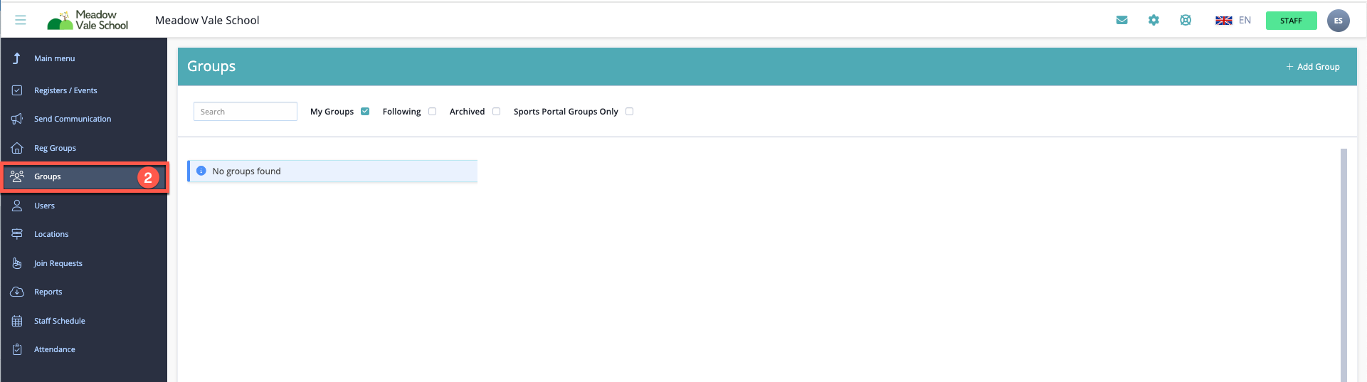 Captura de pantalla: Los grupos en SchoolsBuddy solo pueden tener un organizador principal, pero si varios miembros del personal necesitan acceso para ver