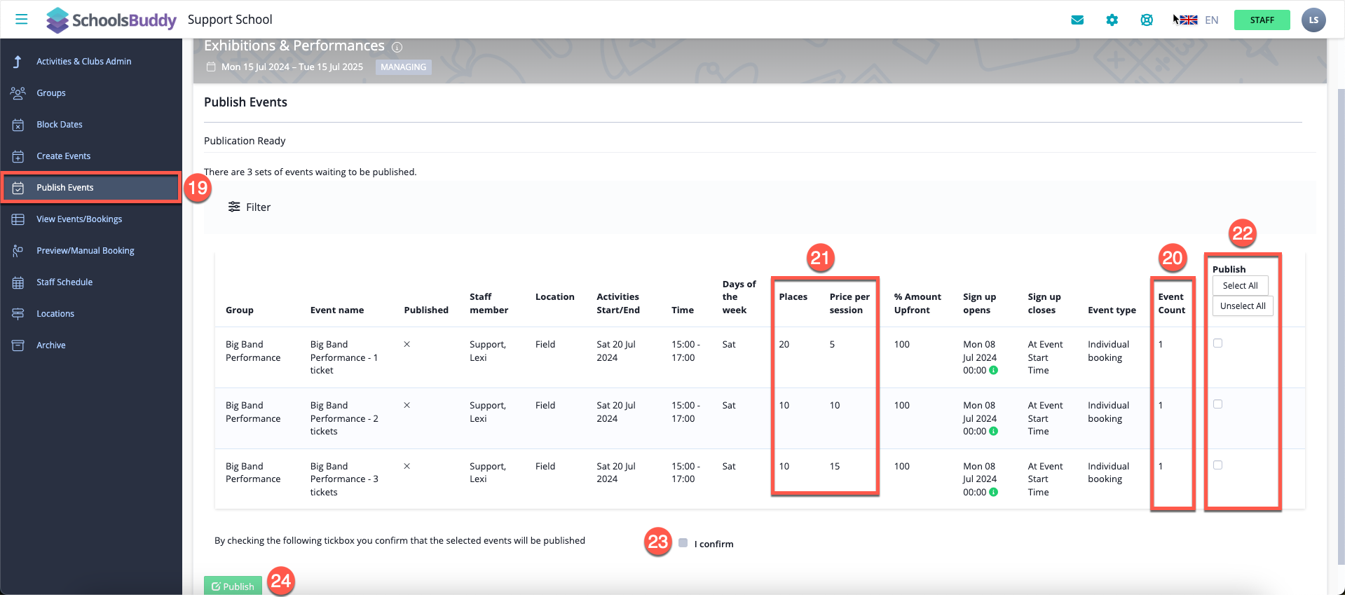 Captura de pantalla: Crear eventos (Opciones de entradas): Haga clic en Publicar