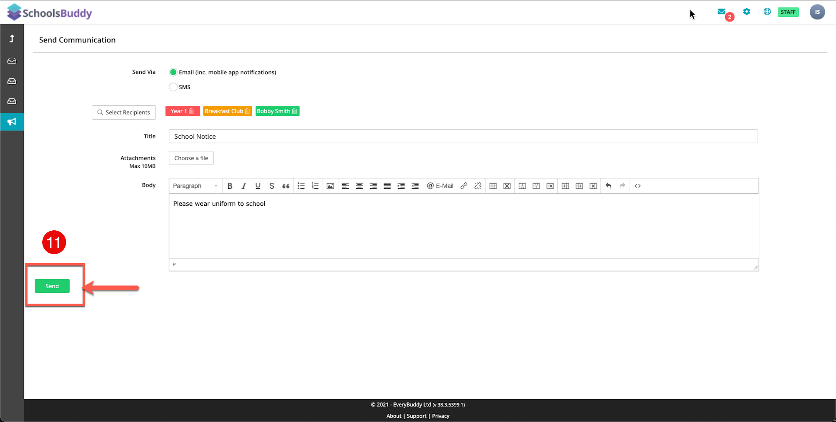 Captura de pantalla: Puedes añadir formato a tu mensaje con negrita, cursiva, tablas, etc.