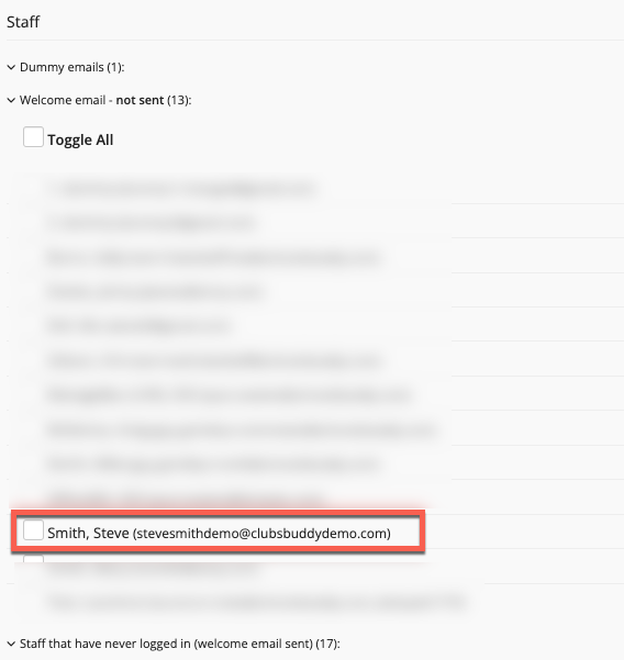 Captura de pantalla: Haga clic en 'Correo electrónico de bienvenida - no enviado' y se abrirá un menú desplegable que mostrará el nombre y el correo electrónico.
