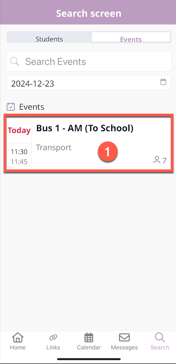 Captura de pantalla: Localiza el evento de transporte.