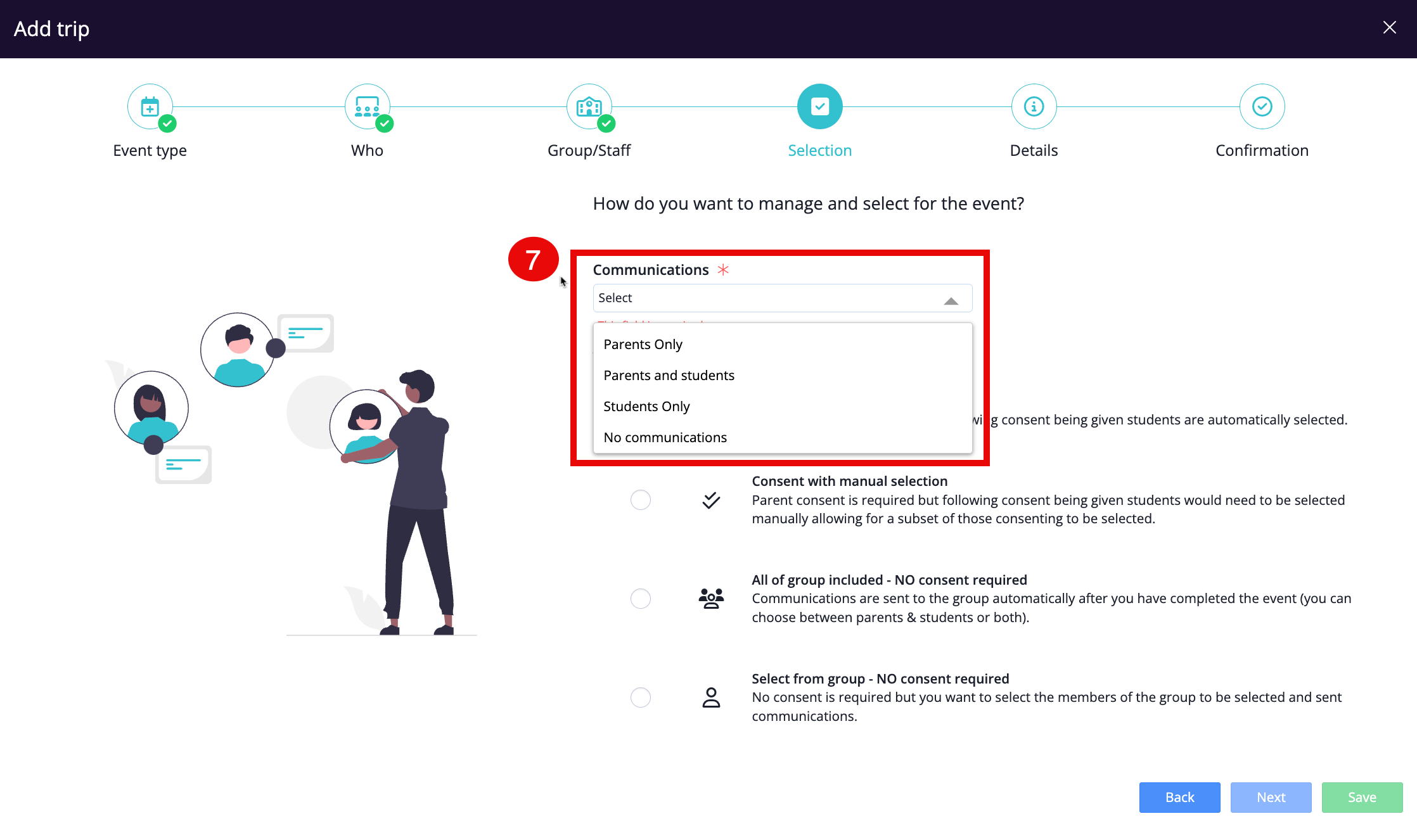Captura de pantalla: Seleccione el destinatario al que se enviarán las comunicaciones.