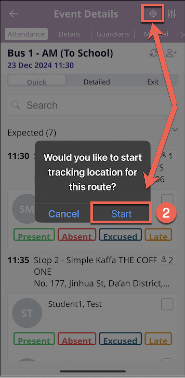 Captura de pantalla: Solicitud de seguimiento: Abra el evento y aparecerá un mensaje solicitando permiso para rastrear la ruta.