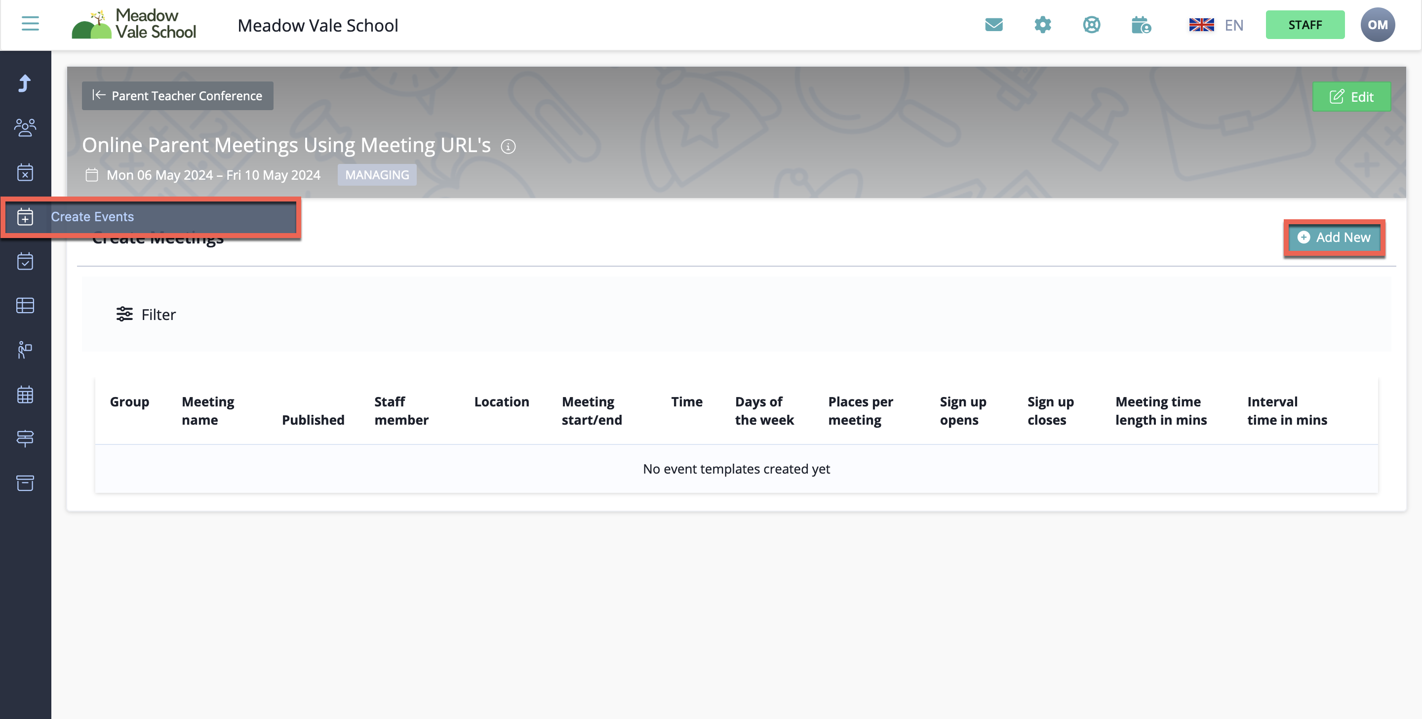Captura de pantalla: Haga clic en Crear reuniones y Agregar nuevo