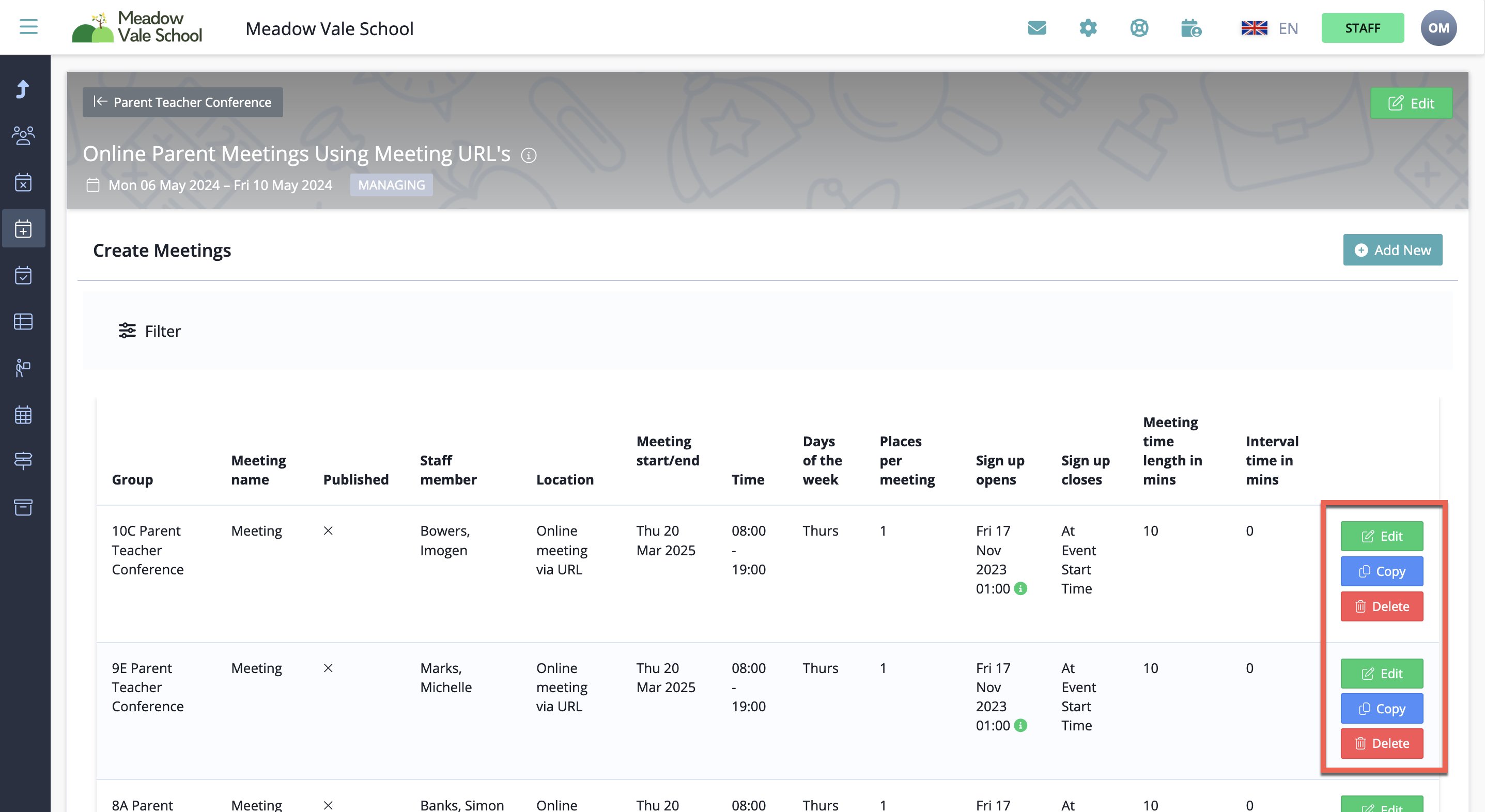 Captura de pantalla: El sistema crea una plantilla de horario para cada grupo de profesores.