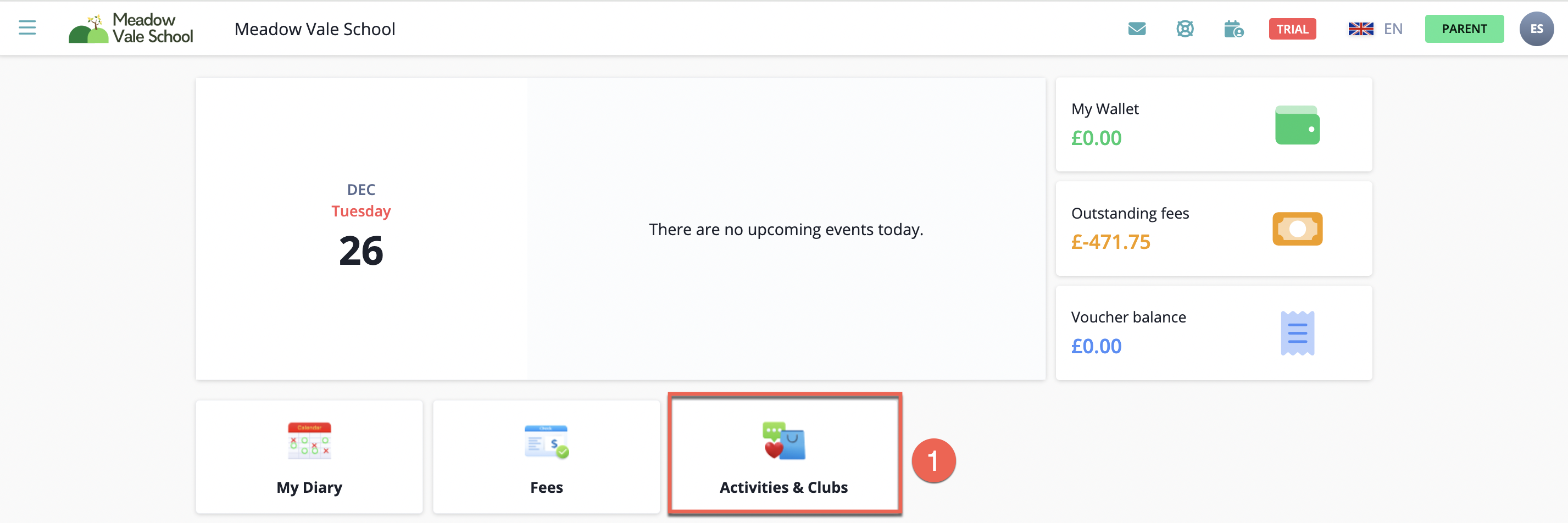 Captura de pantalla: Sigue los pasos a continuación para reservar una actividad, club o viaje usando SchoolsBuddy.