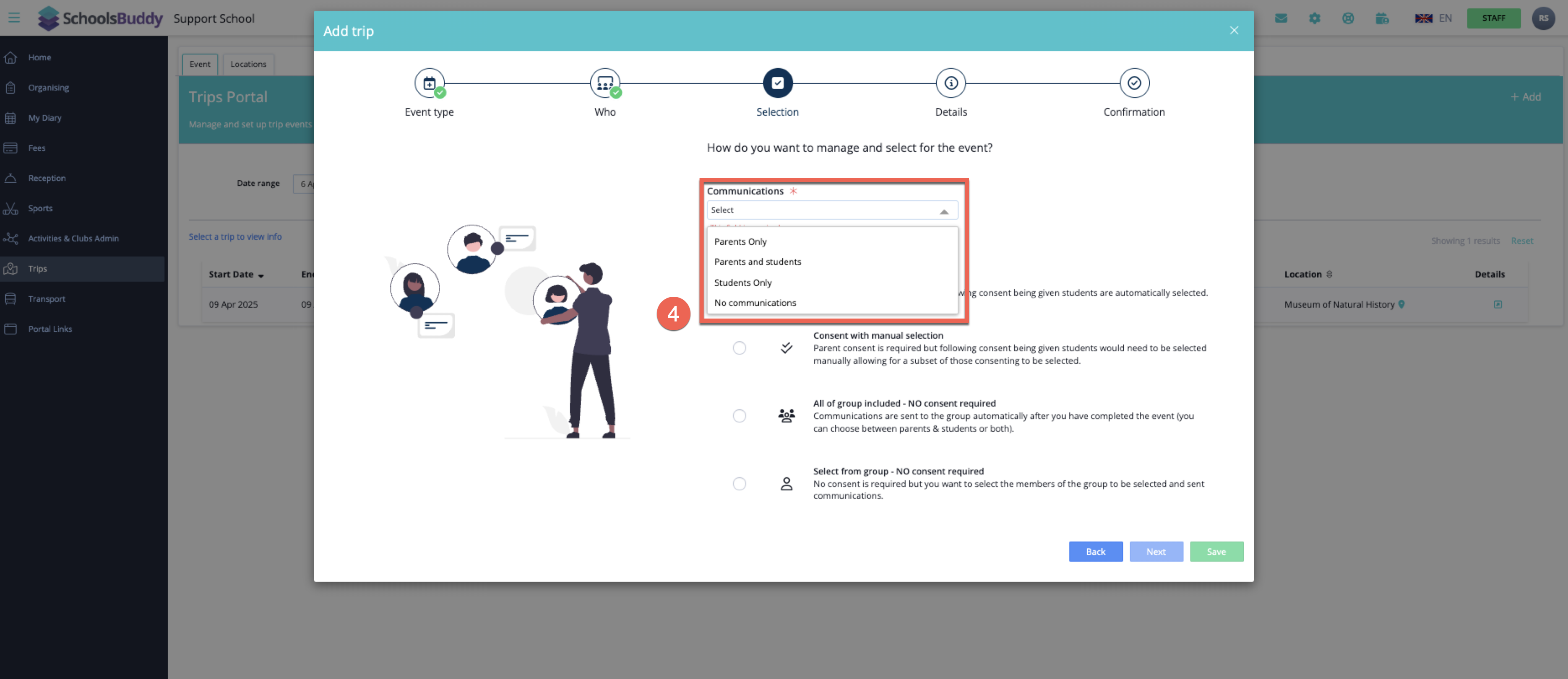Captura de pantalla: Seleccione los destinatarios en el menú desplegable Comunicaciones.