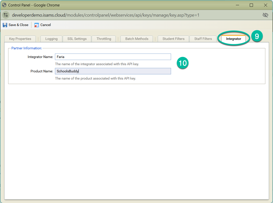 Captura de pantalla: Introduzca el integrador como “Faria” y el nombre del producto como “SchoolsBuddy”.