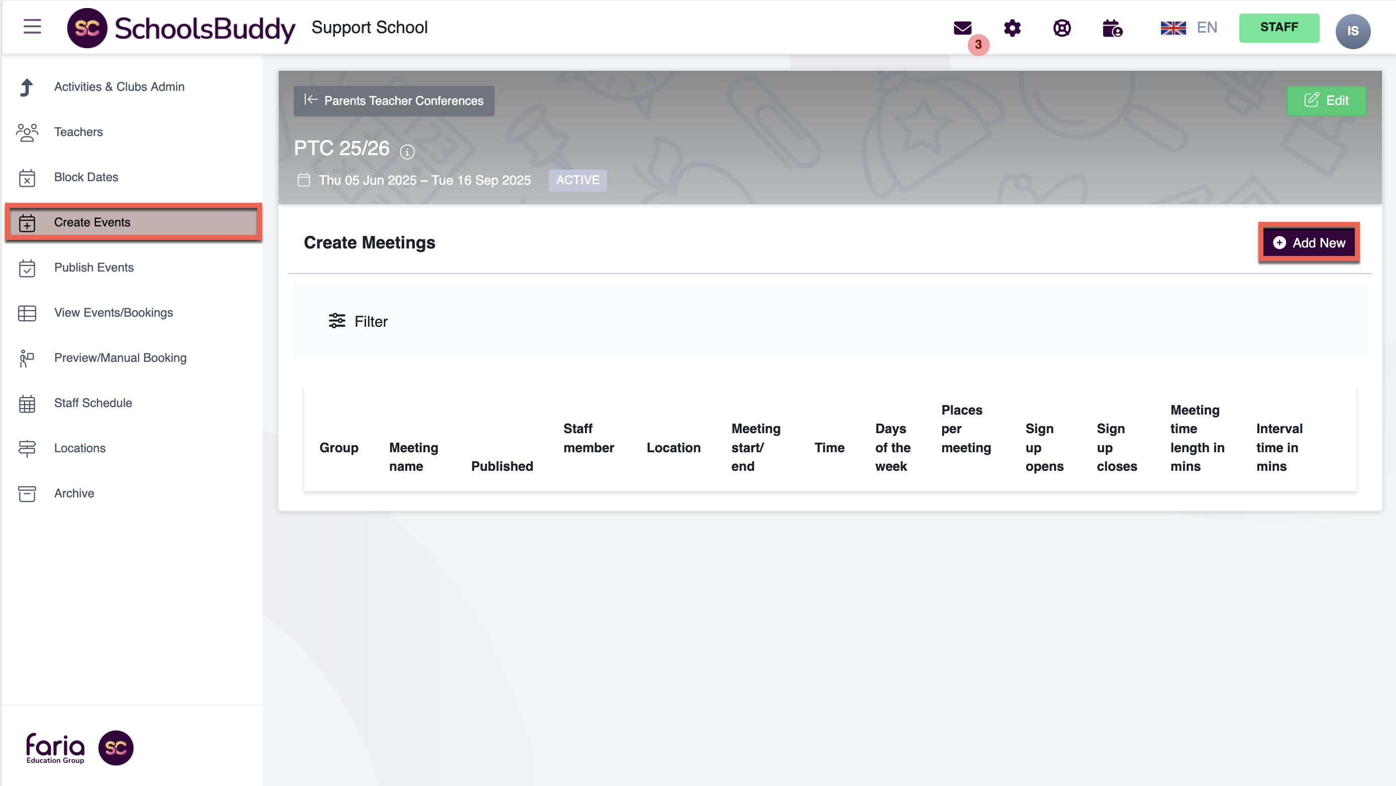 Captura de pantalla: Haga clic en Crear reuniones y Agregar nuevo