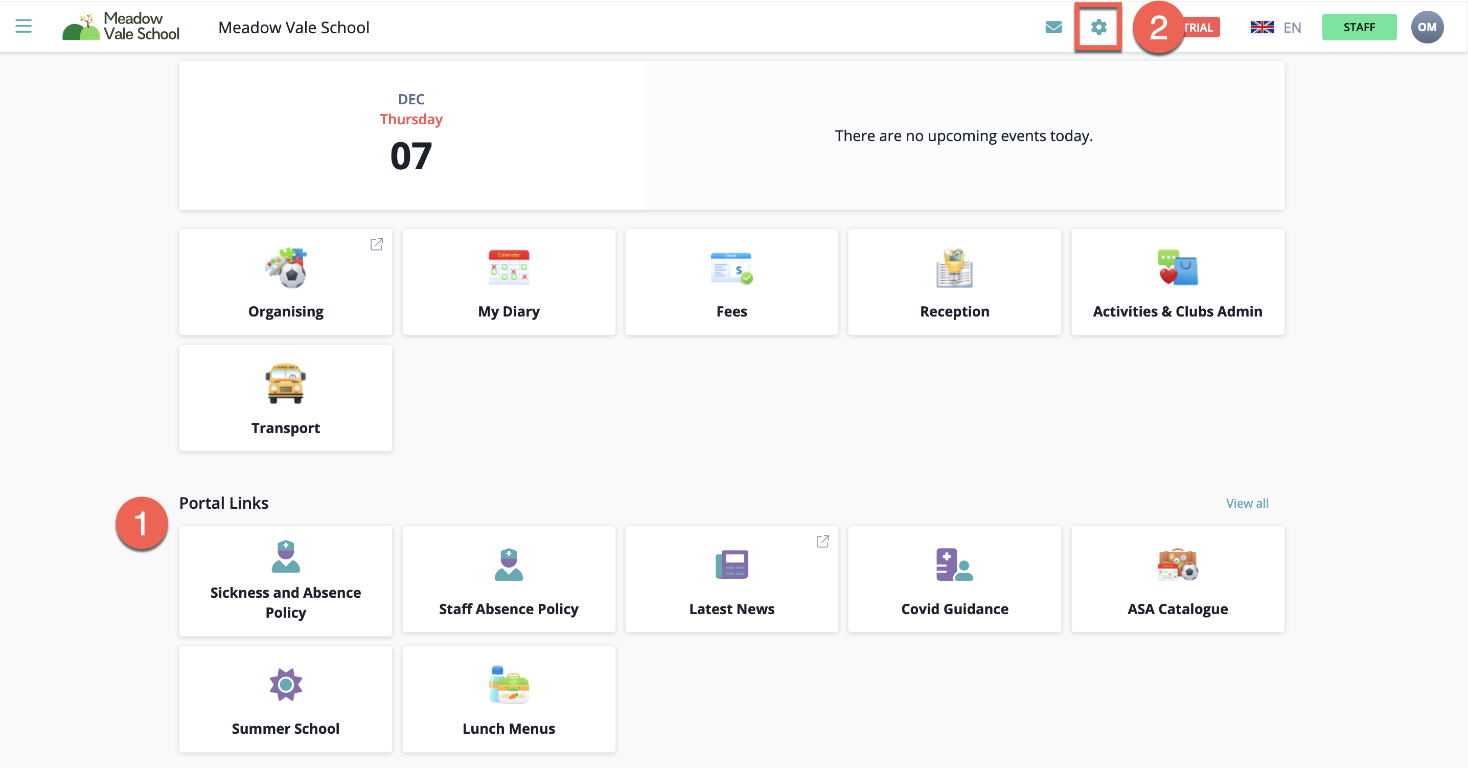 Captura de pantalla: Los enlaces del portal se administran en la sección de Configuración.