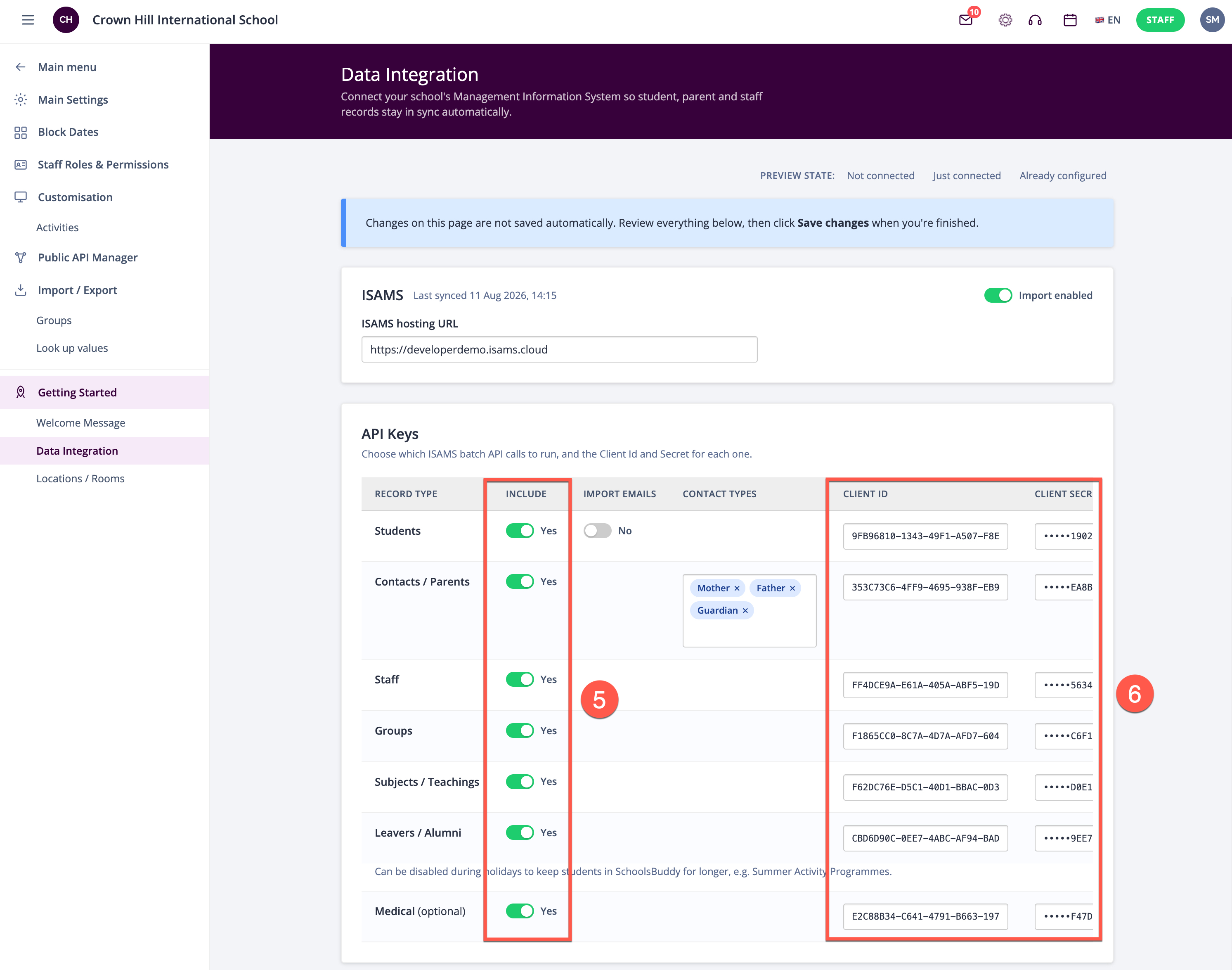 Captura de pantalla: Introduzca el ID de cliente y el secreto de cliente correspondientes obtenidos de iSAMS.