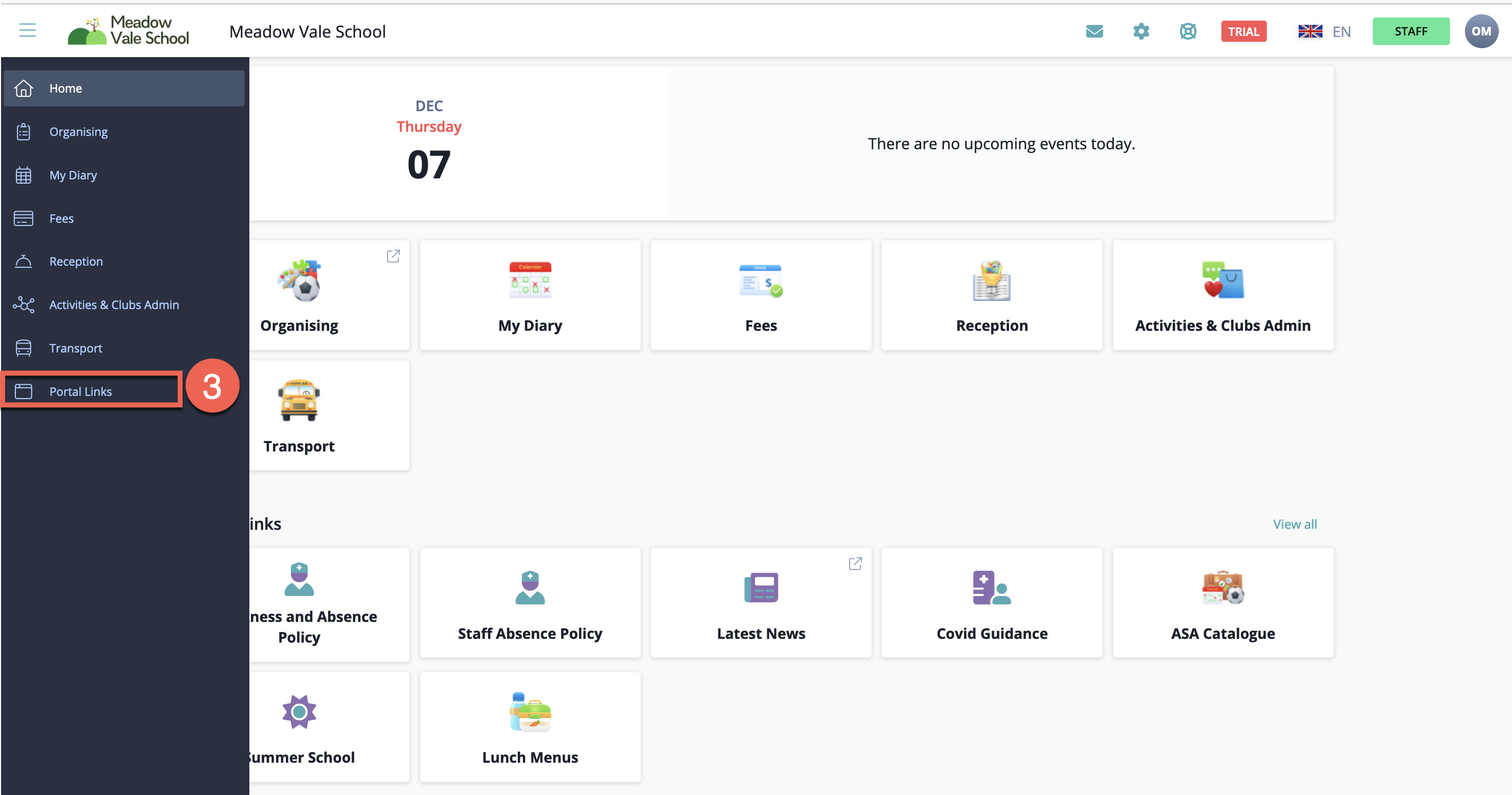 Captura de pantalla: Los enlaces del portal se administran en la sección de Configuración.