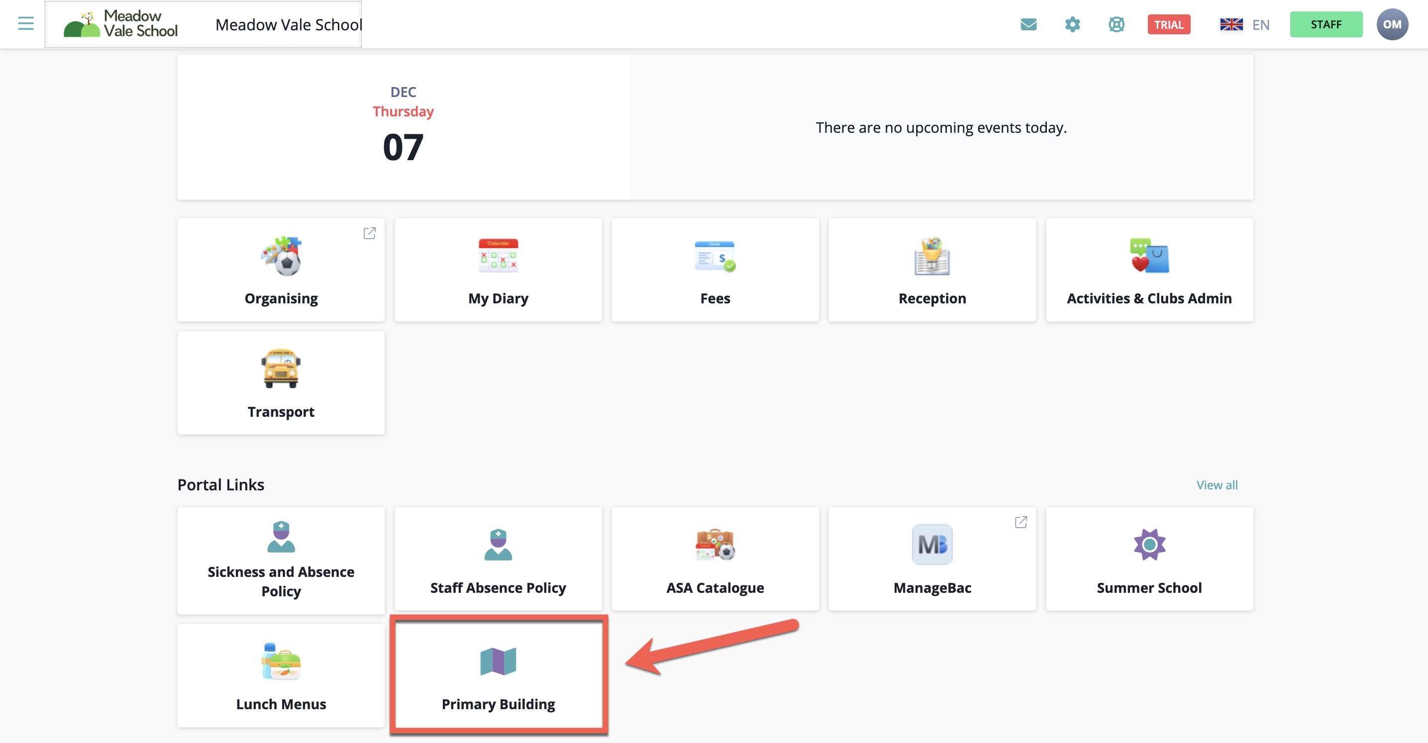 Captura de pantalla: Si la ha seleccionado como página destacada, visible para el personal de administración, ahora la verá en su página de inicio.