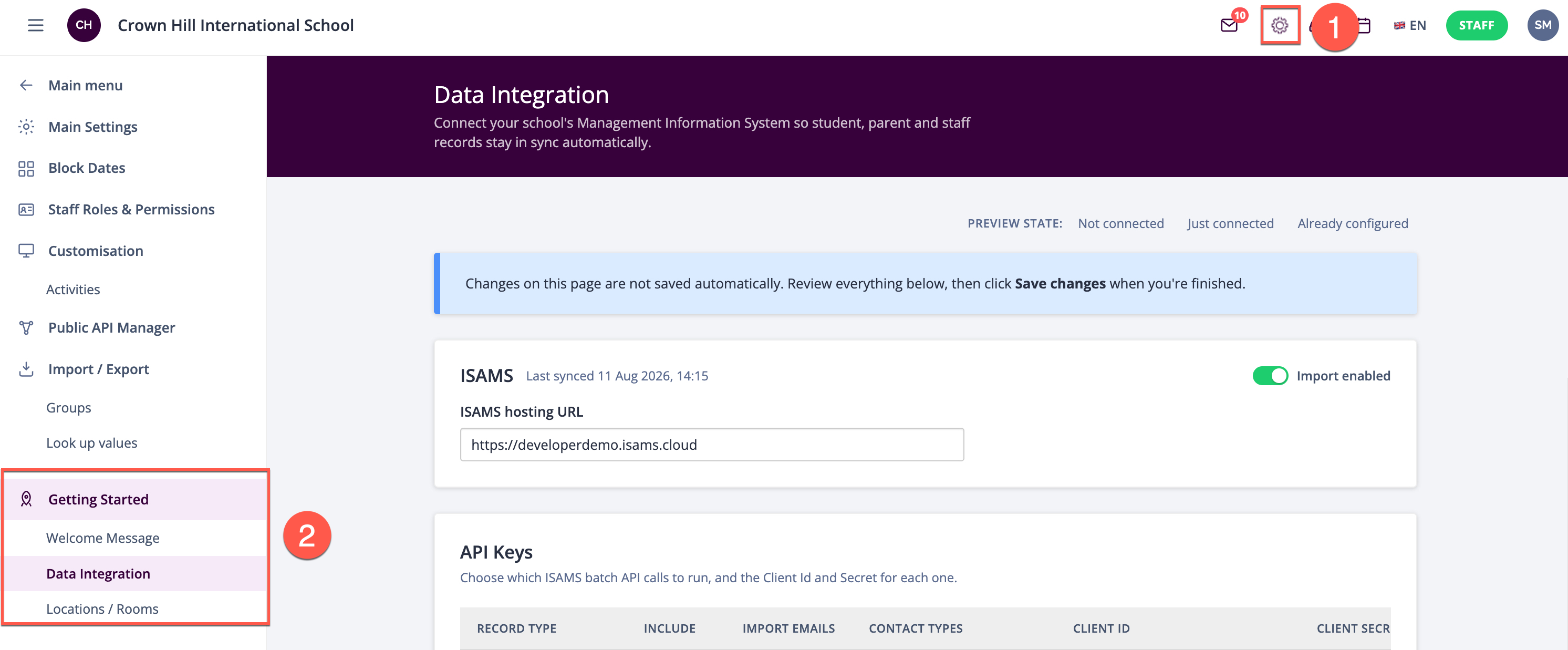 Captura de pantalla: Primeros pasos > Integración de datos