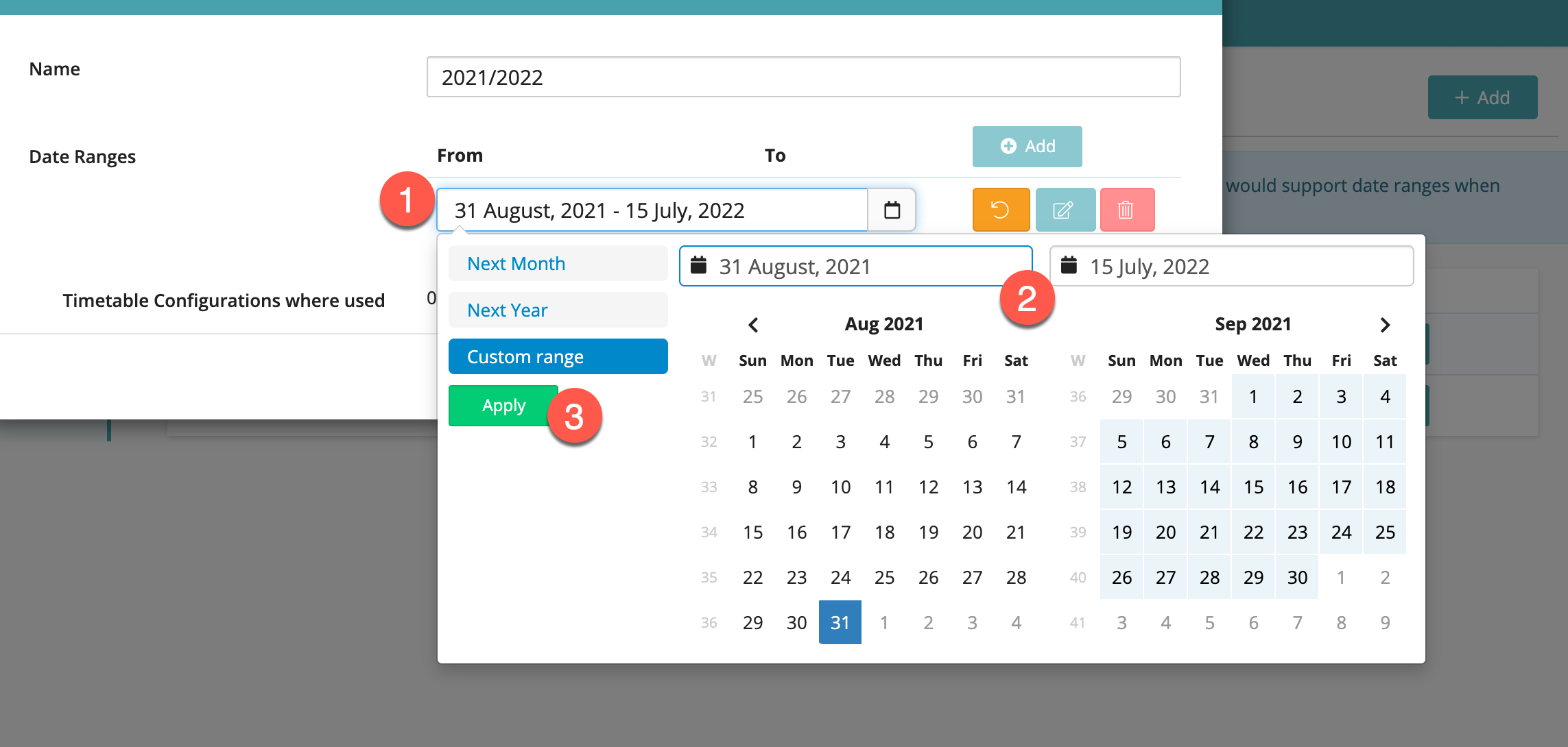 Captura de pantalla: En este ejemplo estamos configurando un calendario para todo el año académico escolar del 31 de agosto de 2021 (1) al 15 de julio.