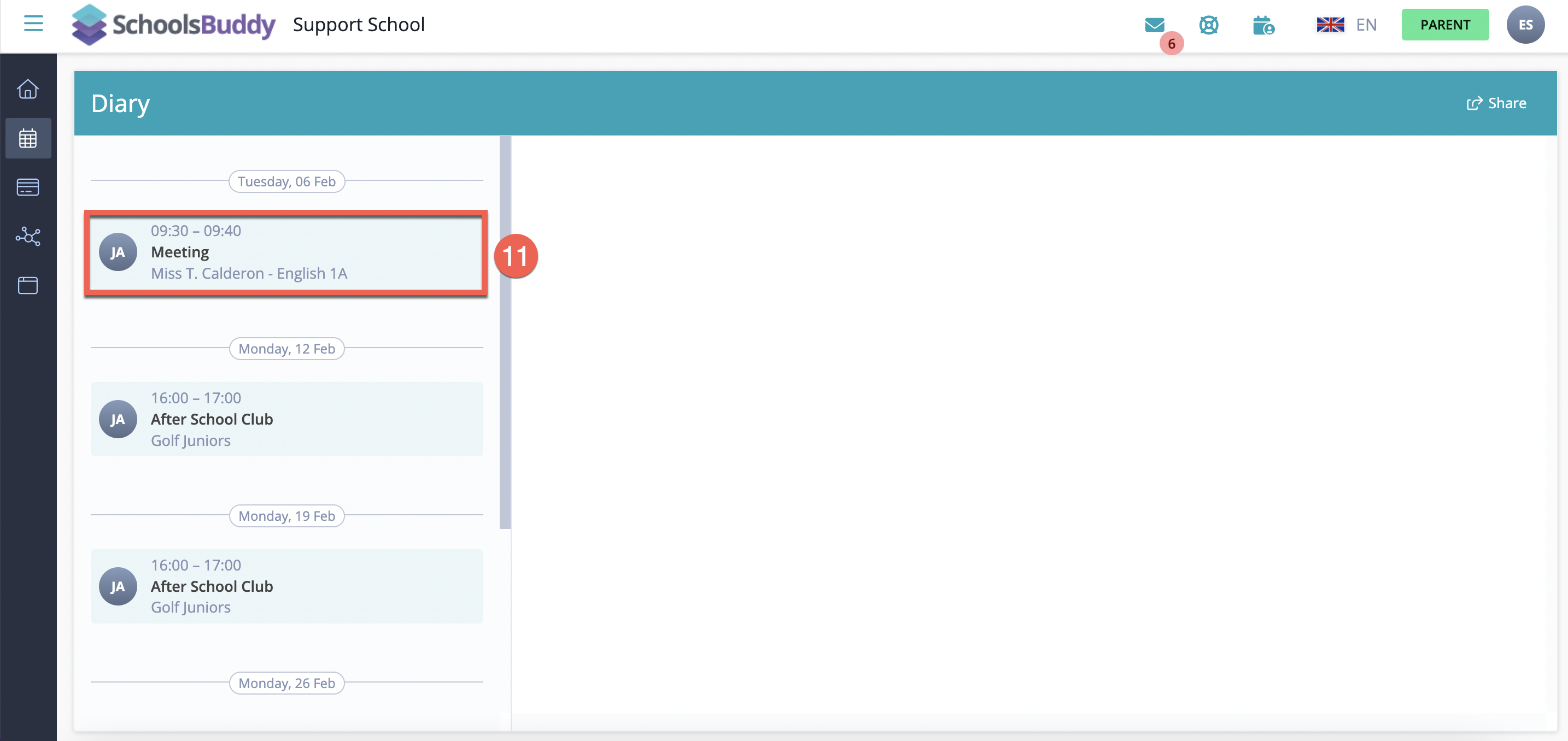 Captura de pantalla: Si es necesario, puede filtrar el tipo de inscripciones para mostrar solo la reunión de padres y maestros (esto puede estar etiquetado como