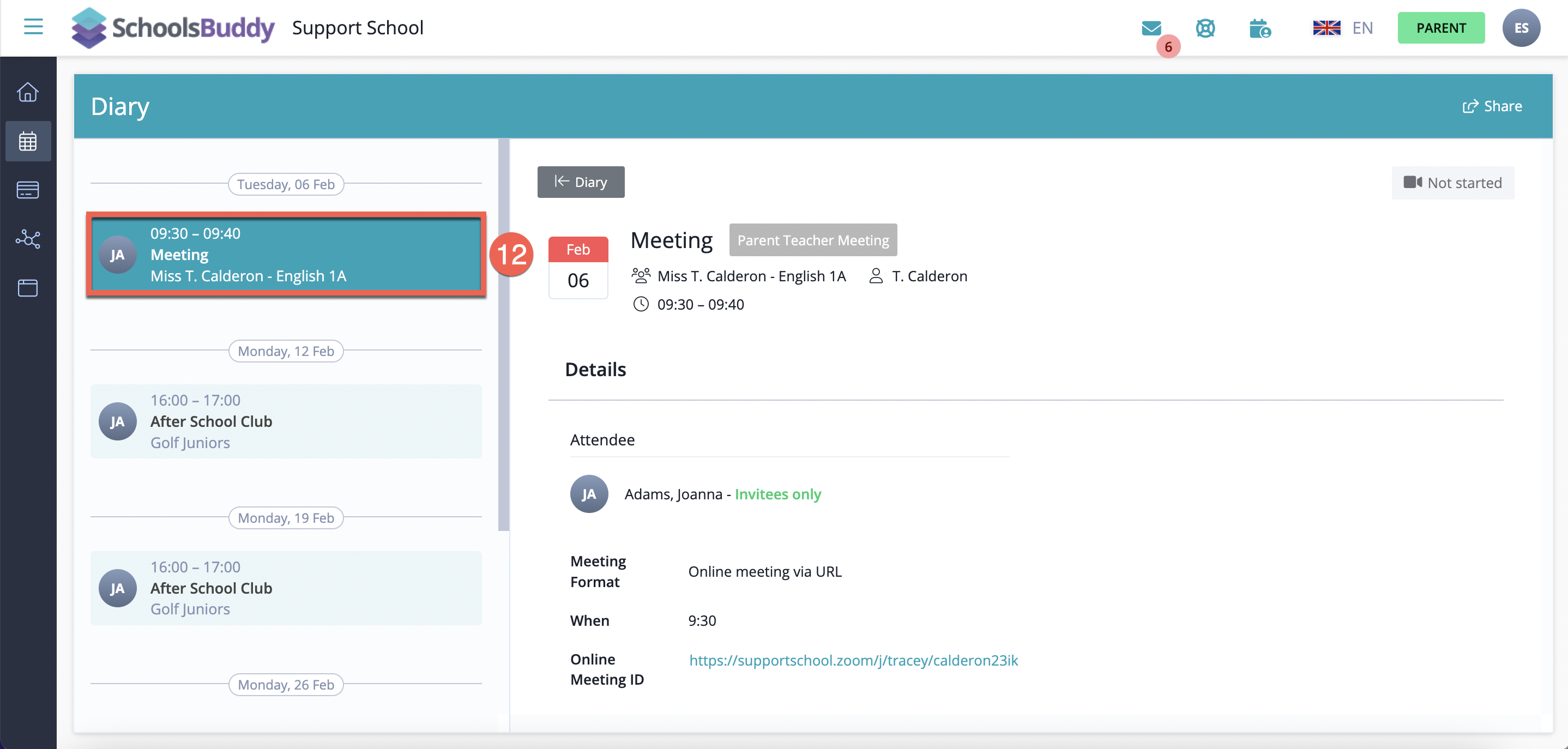 Captura de pantalla: Primero, haga clic en la reunión en su calendario: A) Si está utilizando la opción de video incrustado, entonces el día de