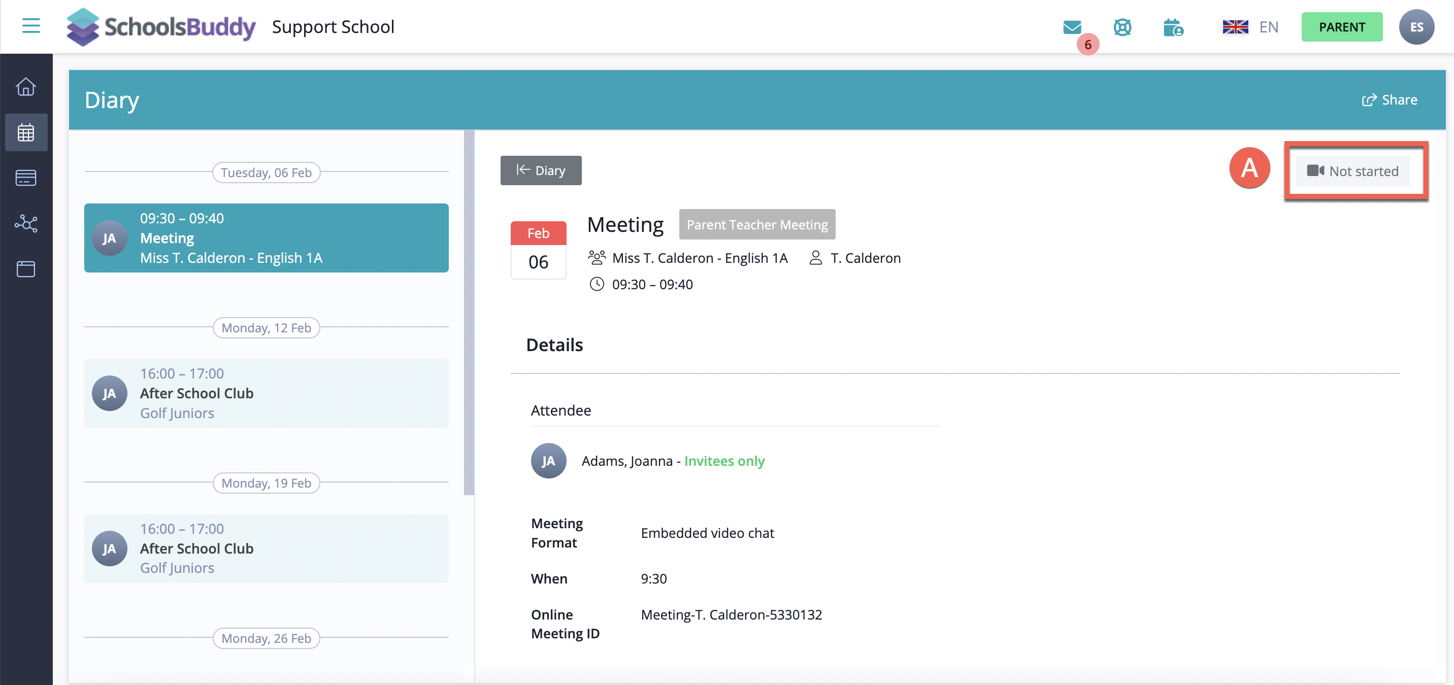 Captura de pantalla: Primero, haga clic en la reunión en su calendario: A) Si está utilizando la opción de video incrustado, entonces el día de