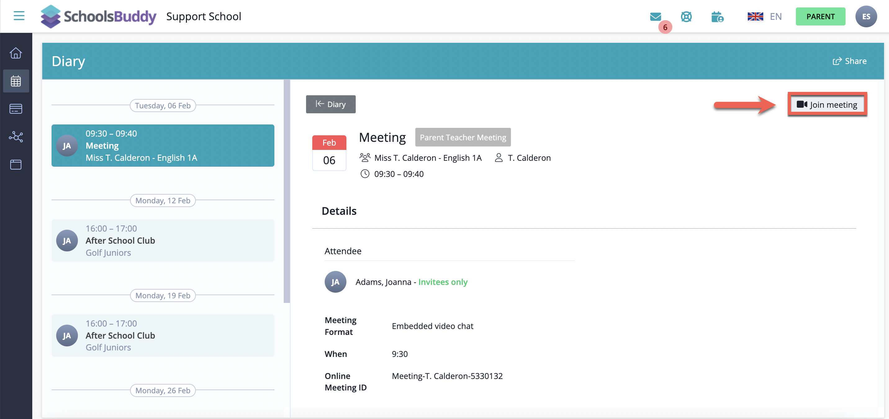Captura de pantalla: Primero, haga clic en la reunión en su calendario: A) Si está utilizando la opción de video incrustado, entonces el día de