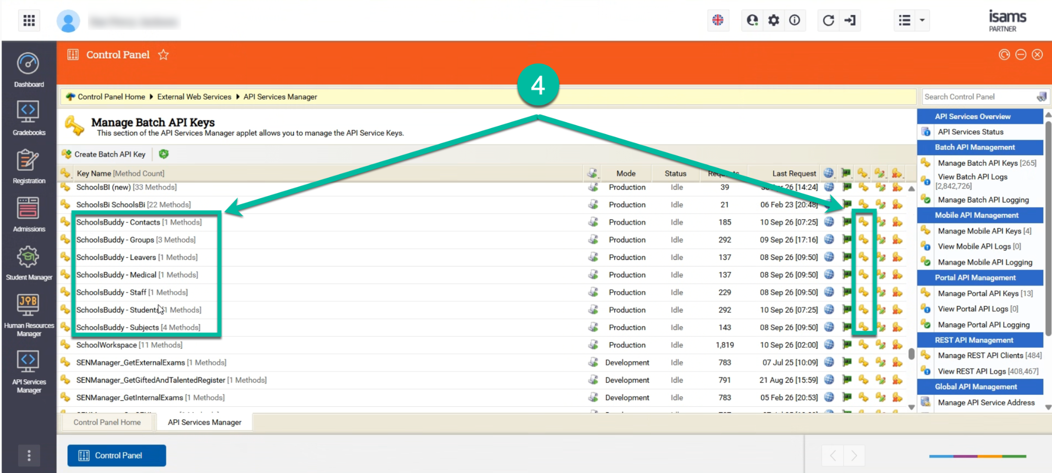 Captura de pantalla: Localiza tu clave API de Batch existente para SchoolsBuddy y haz clic en el icono de la llave dorada en el lado derecho.