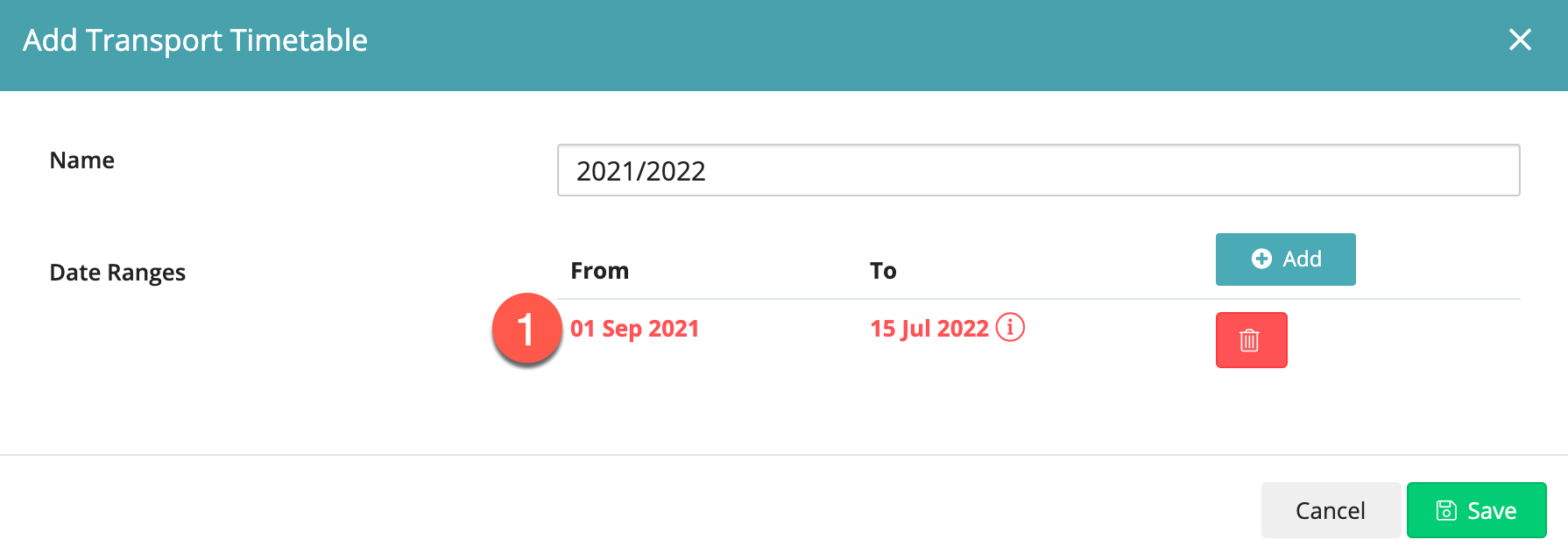 Captura de pantalla: No se puede agregar un horario con un rango de fechas que se superponga a un horario existente.