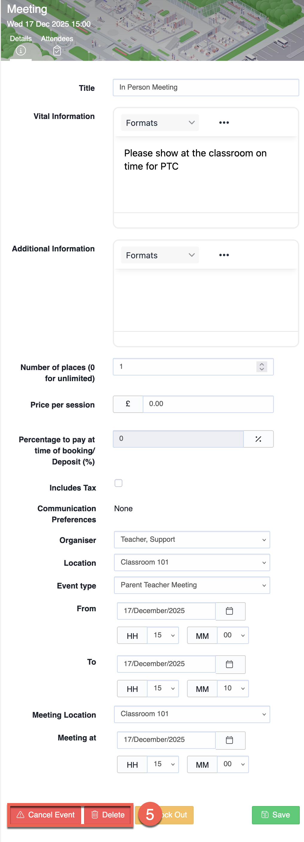 Captura de pantalla: Eliminar evento: Elimina el evento discretamente de los diarios de los participantes.