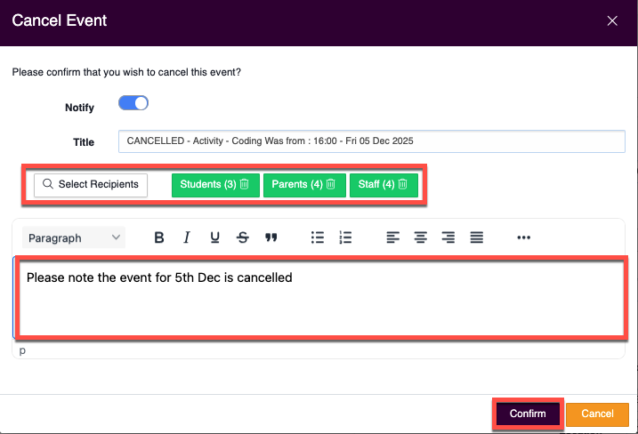 Captura de pantalla: Al hacer clic en "Cancelar evento", aparecerá una ventana emergente que le permitirá enviar una notificación a los participantes.