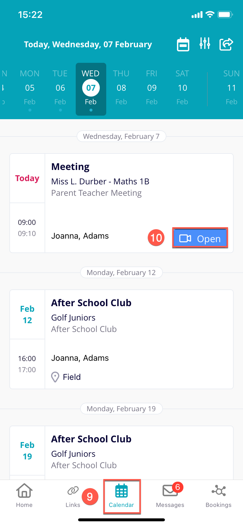Captura de pantalla: Ve a tu Agenda/Calendario para ver las reuniones.