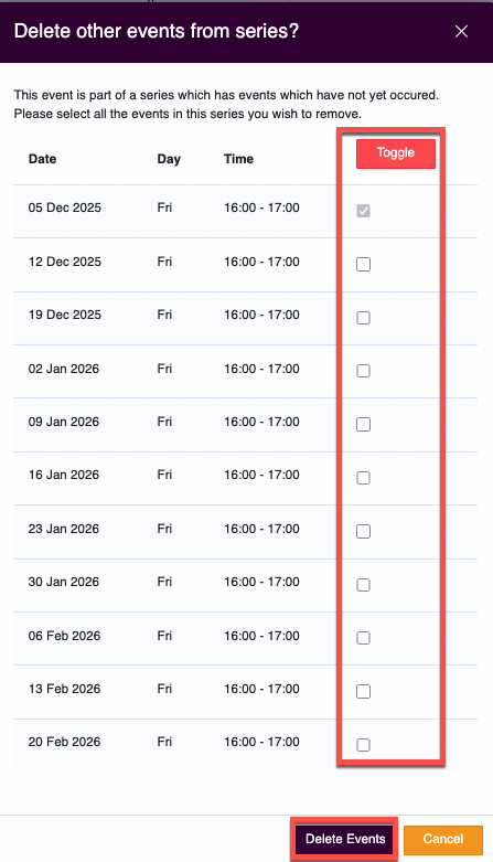 Captura de pantalla: Haga clic en el botón "Alternar" en la parte superior para seleccionar todos los eventos si desea eliminar la serie completa.