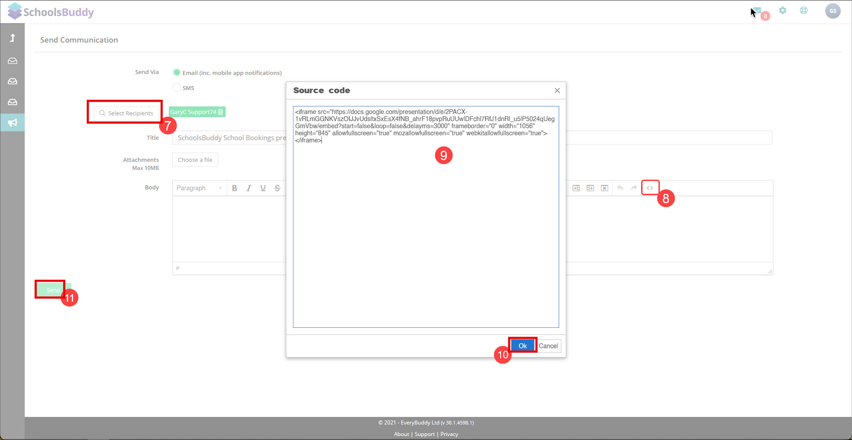 Captura de pantalla: El archivo incrustado aparecerá en el mensaje dentro de SchoolsBuddy, pero no aparecerá en un correo electrónico de Gmail o Yahoo.