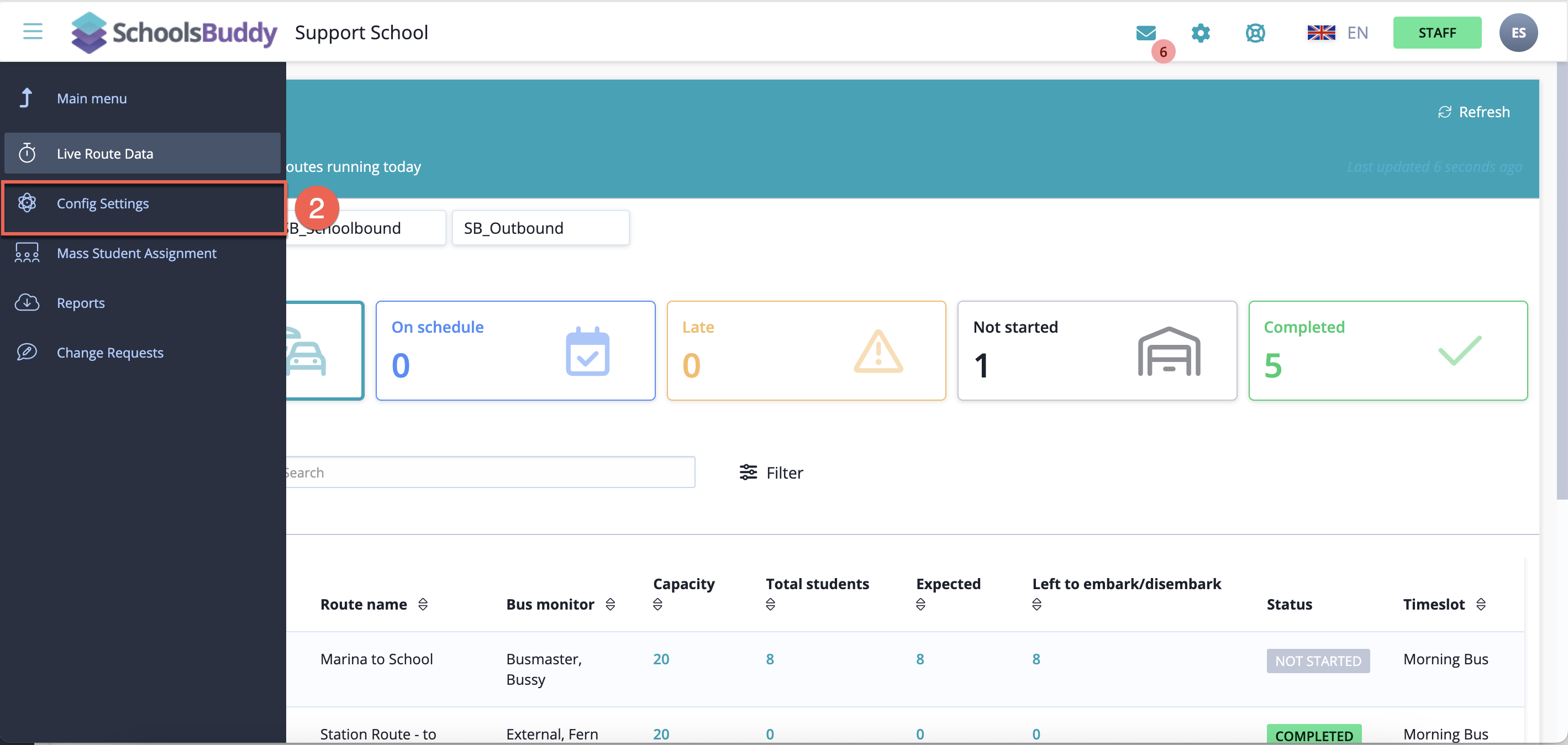 Captura de pantalla: En el módulo Transporte, haga clic en la página Configuración de configuración.