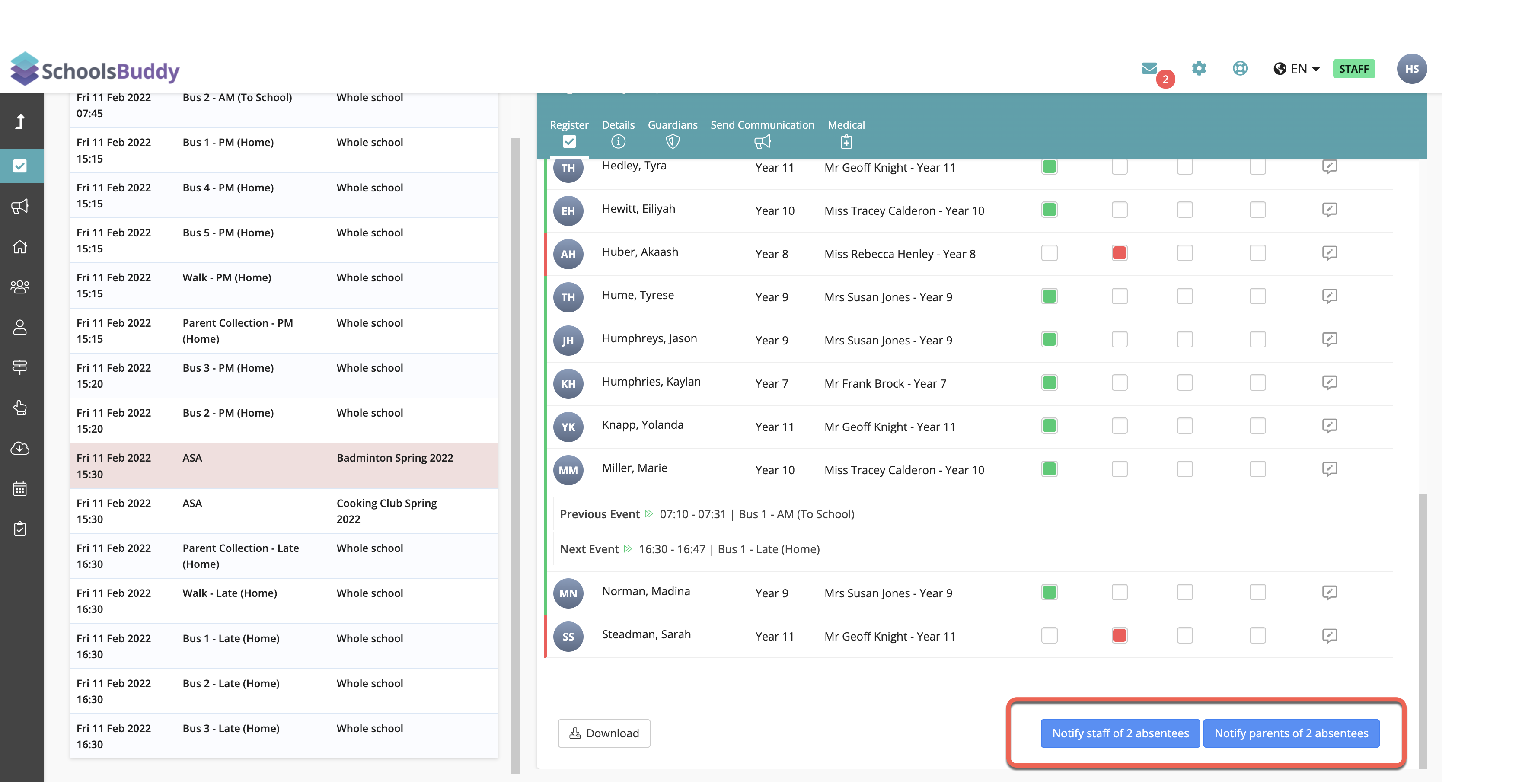 Captura de pantalla: A medida que completa el registro y se marca una opción Ausente, los botones Notificar al personal de x ausentes y Notificar
