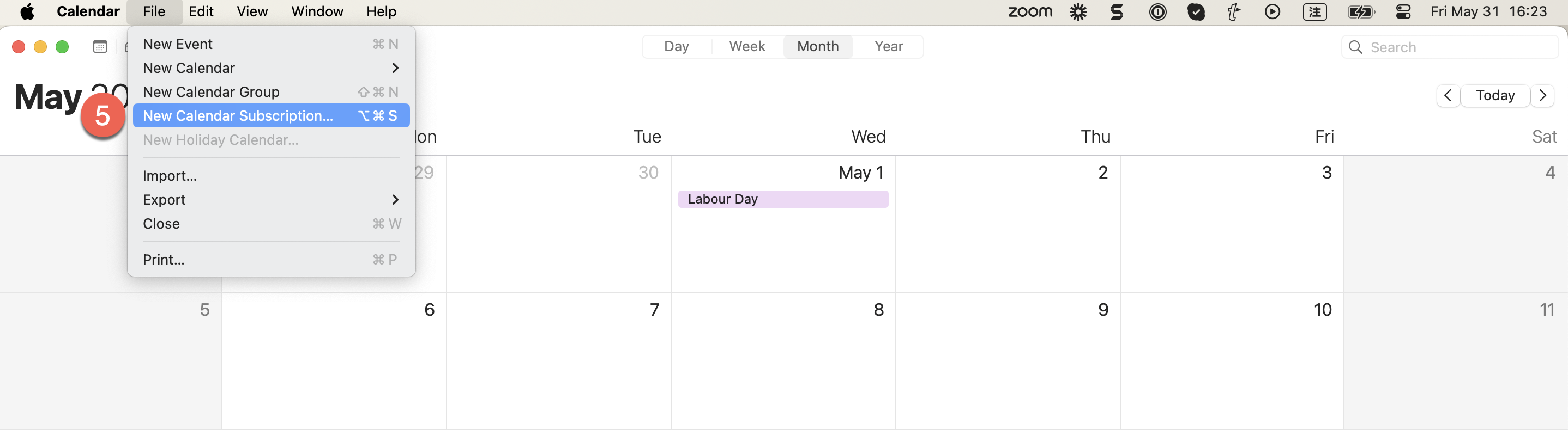 Captura de pantalla: Cuando la aplicación se haya abierto, haga clic en Archivo y luego en la opción Nueva suscripción al calendario.