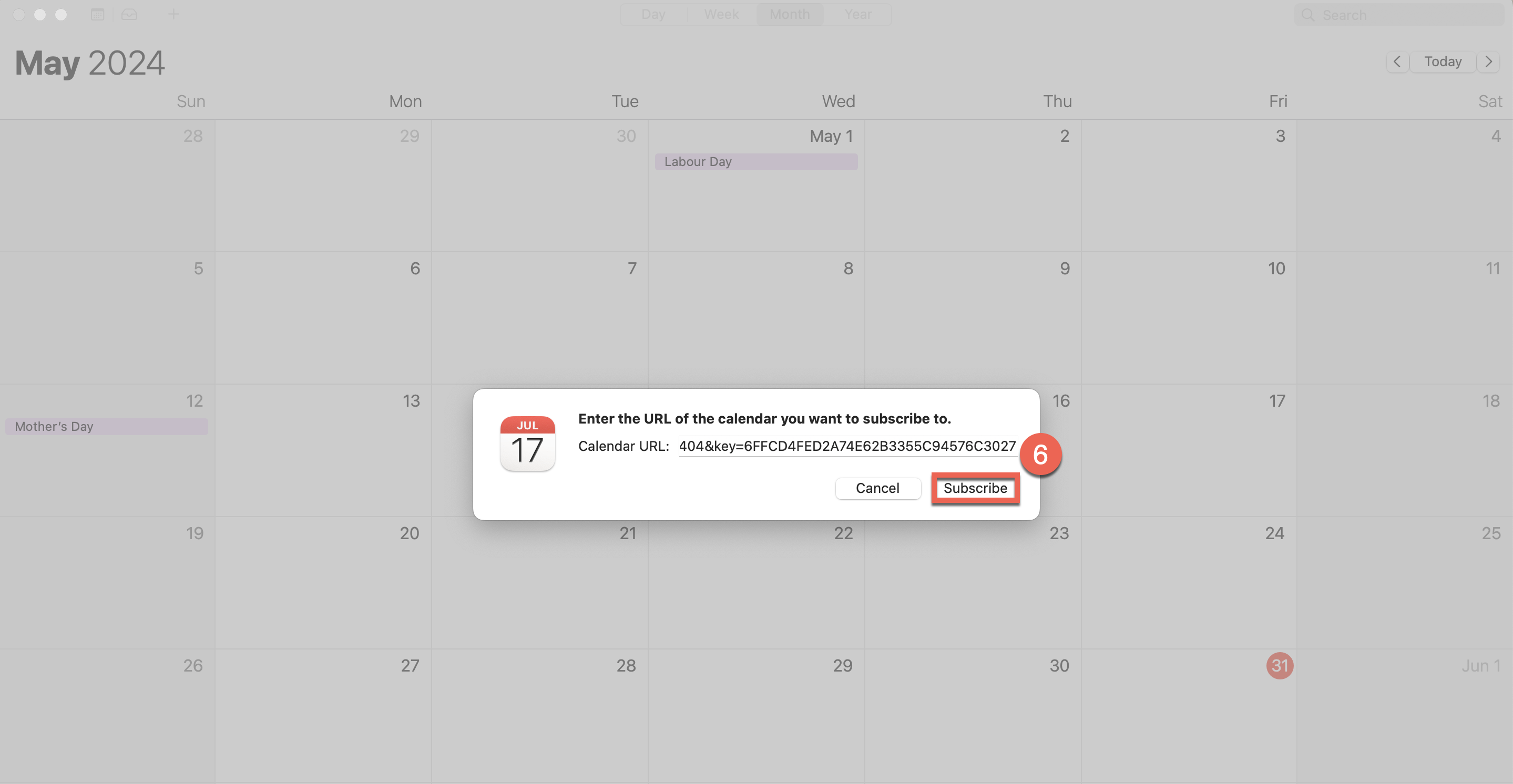 Captura de pantalla: Pegue la URL en el campo URL del calendario y haga clic en Suscribirse.