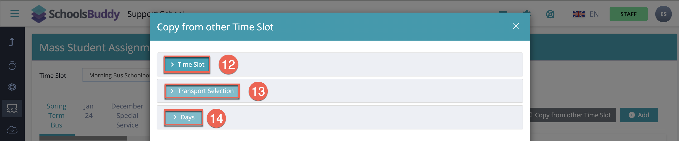 Captura de pantalla: Seleccione los 'Días' que desea copiar.