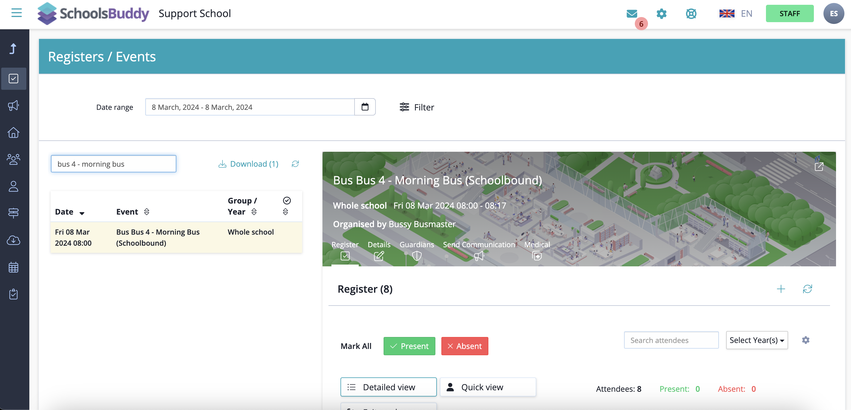 Captura de pantalla: Si el equipo de SchoolsBuddy ya ha habilitado la generación de registro, solo tendrá que esperar unos minutos antes.