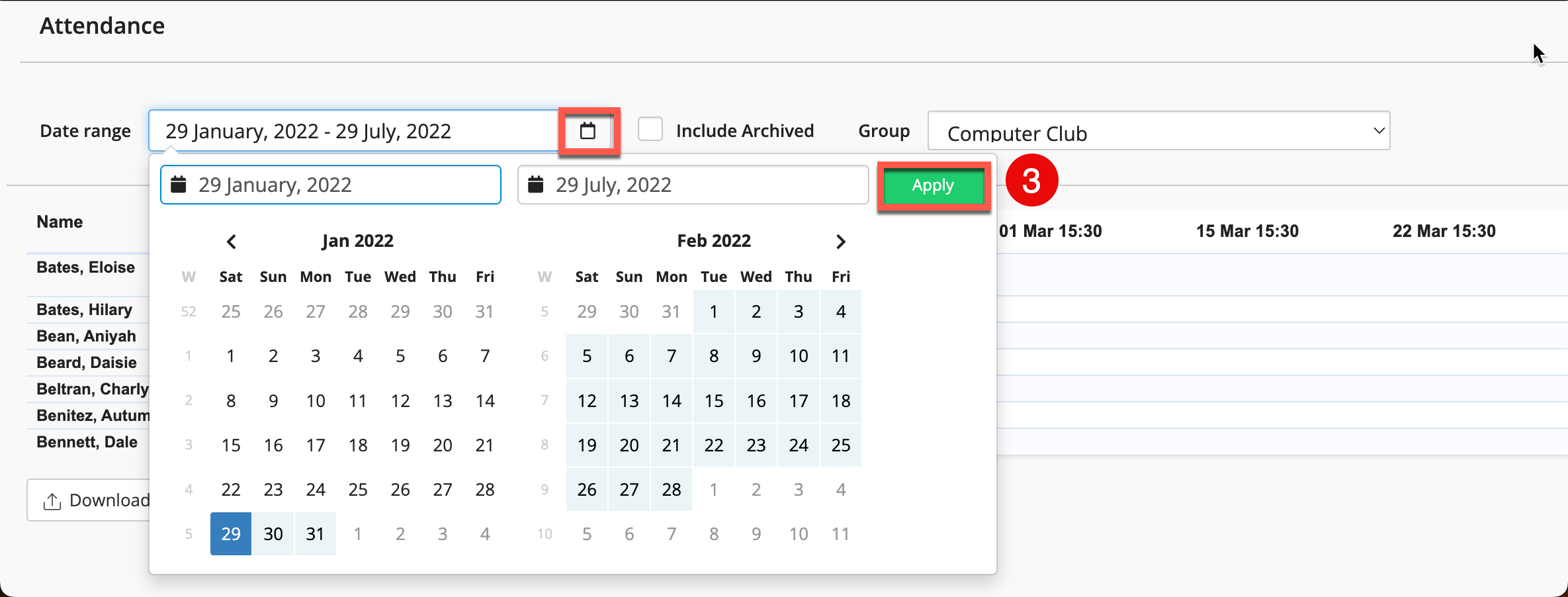 Captura de pantalla: Desde allí, utilice los filtros de fecha y grupo para encontrar el rango de fechas relevante y el grupo deseado que desea visualizar.